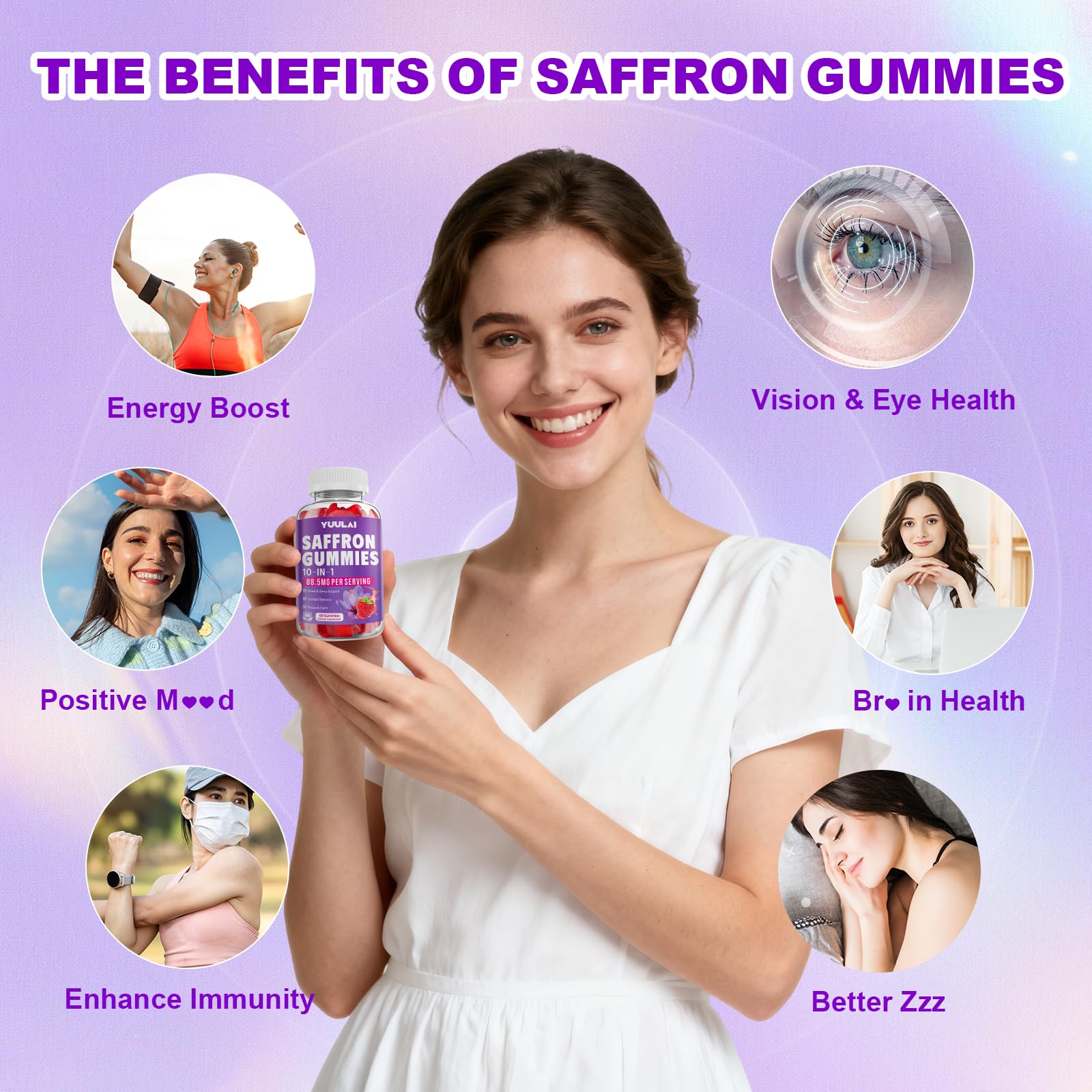 Side view of YUULAI Saffron Gummies showing ingredients