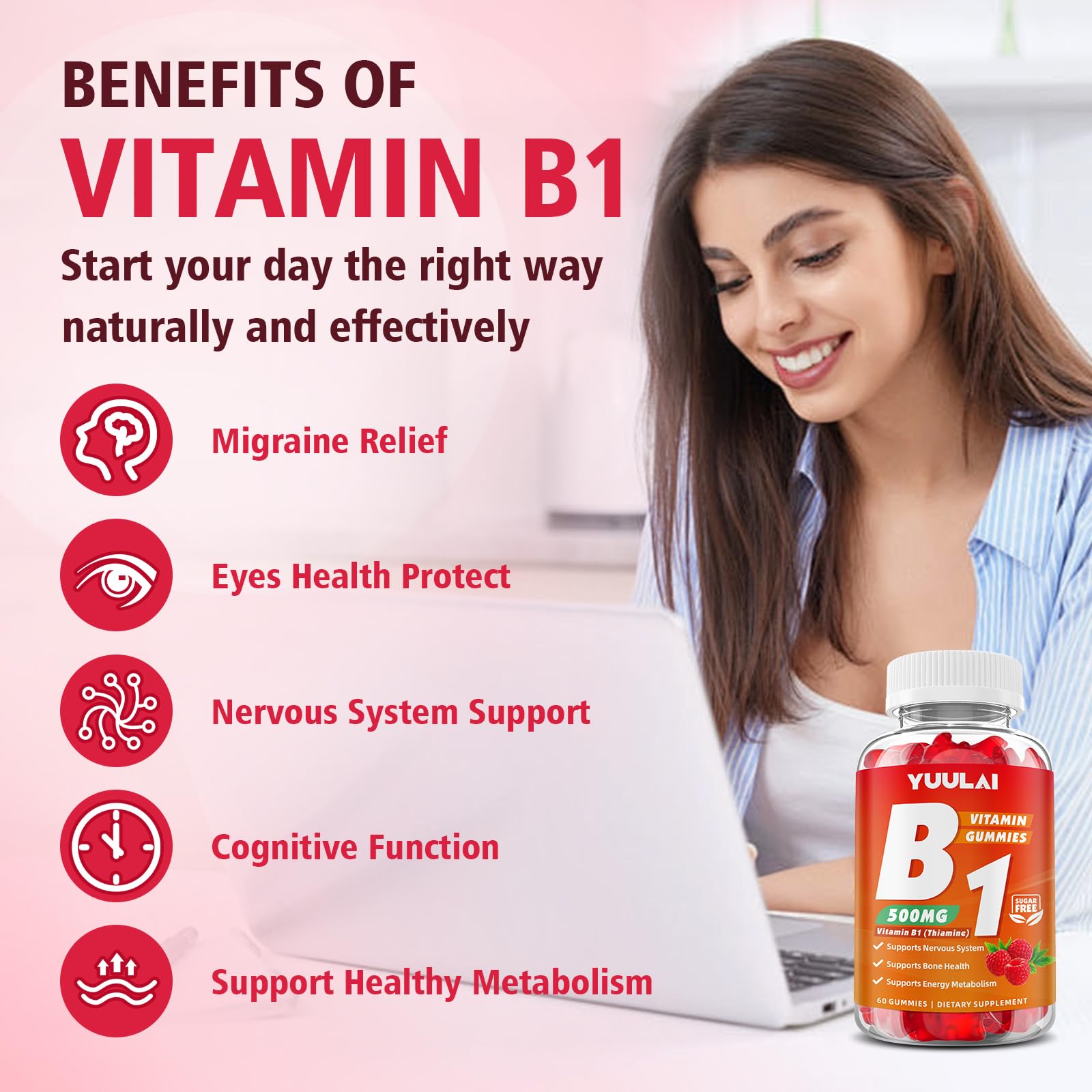 Side view of YUULAI Vitamin B1 Gummies bottle