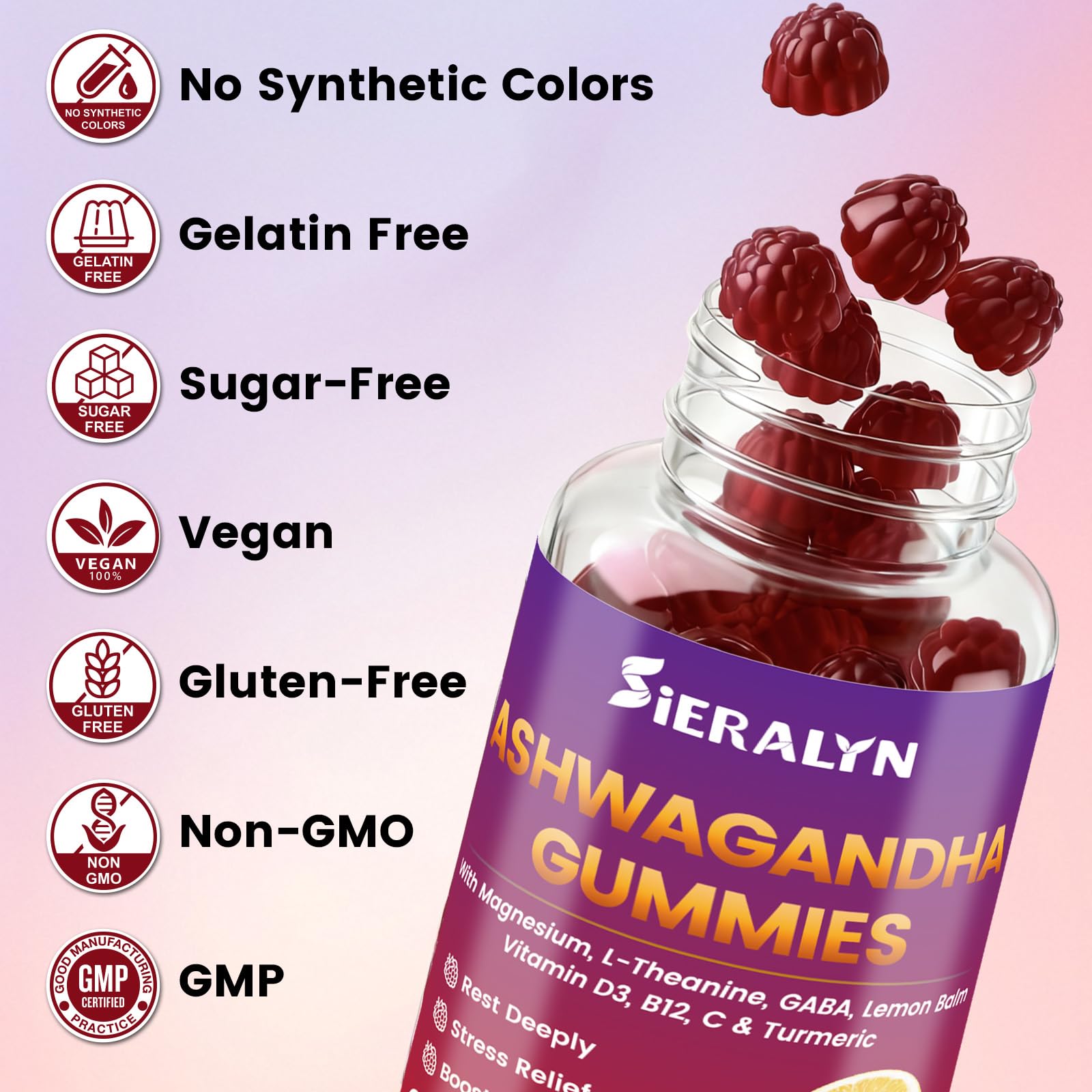 Sieralyn Ashwagandha Gummies serving suggestion with two gummies
