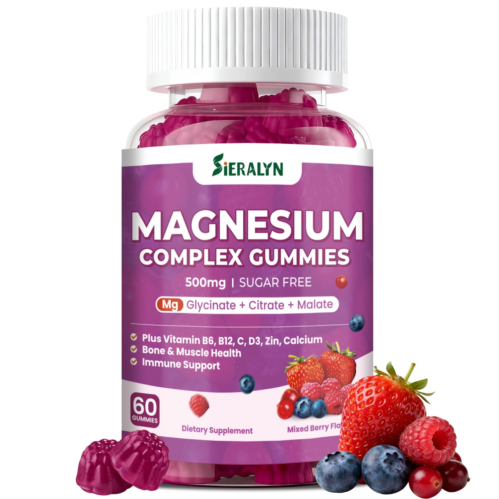 Sieralyn Magnesium Gummies 500mg front view with mixed berry flavour