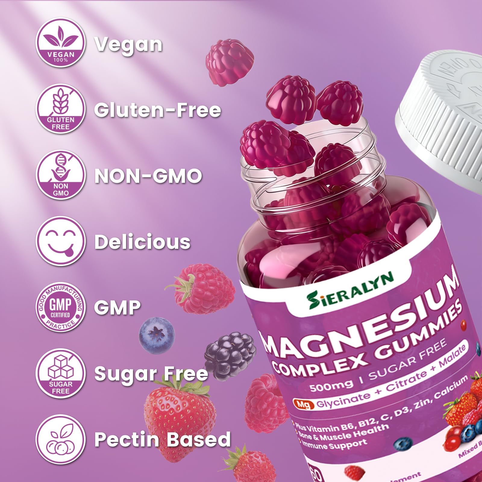 Sieralyn Magnesium Gummies mixed berry flavour on a wooden table