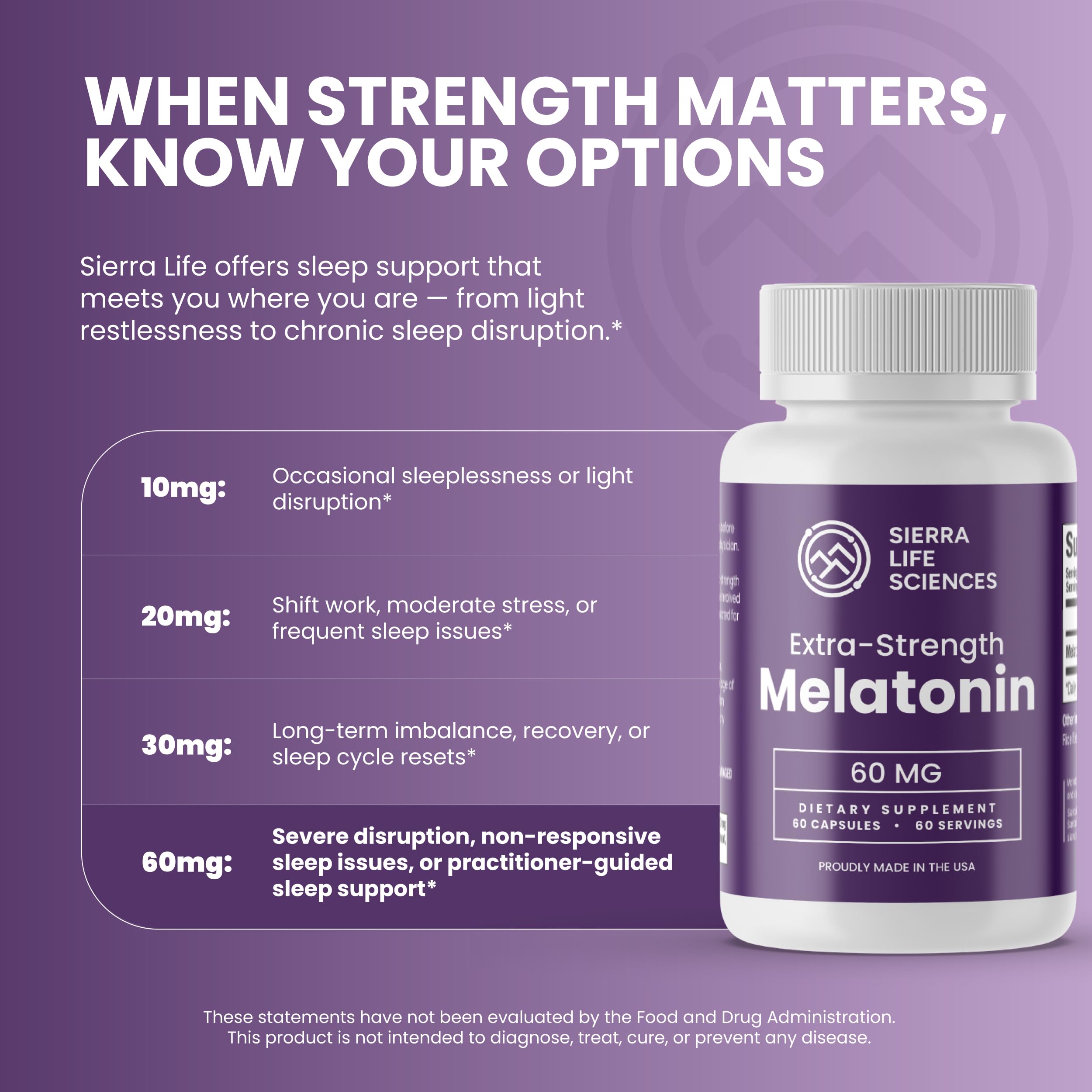 SIERRA LIFE SCIENCES Melatonin 60mg Extra Strength capsules on a table