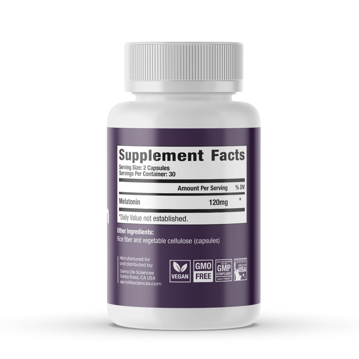 SIERRA LIFE SCIENCES Melatonin Capsules side view with label