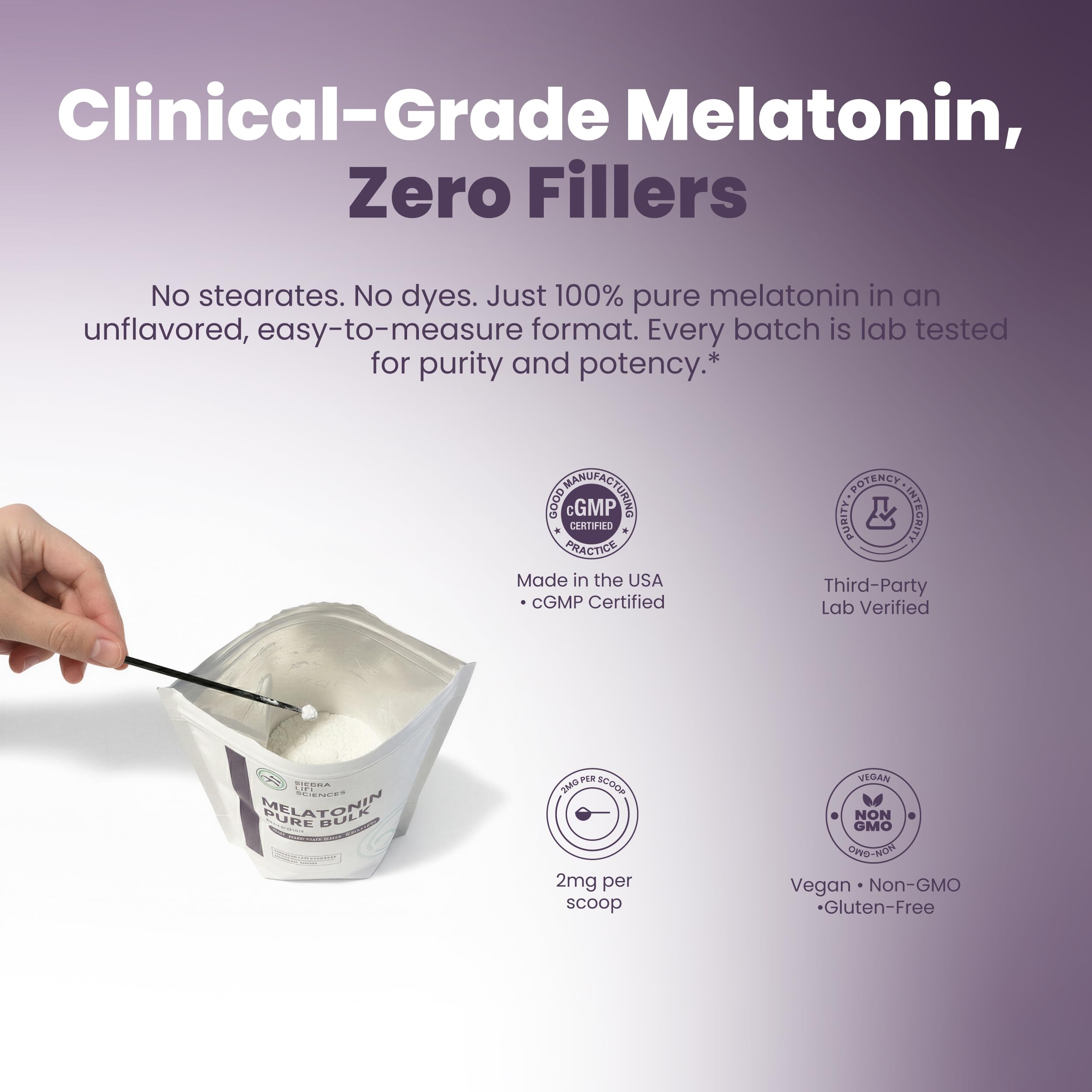 SIERRA LIFE SCIENCES Melatonin Powder scoop next to powder