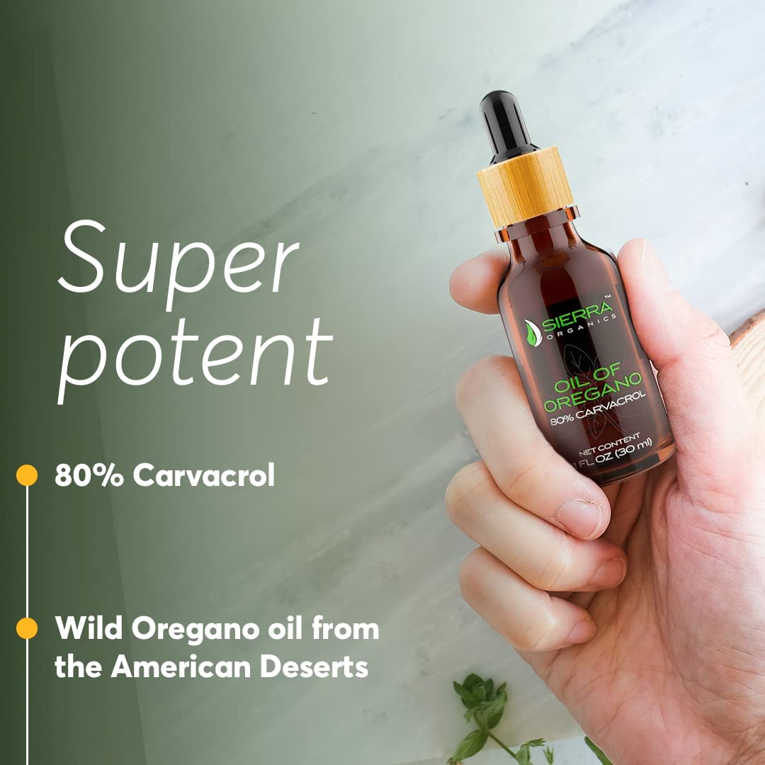 Sierra Organics Oregano Oil bottle on wooden table