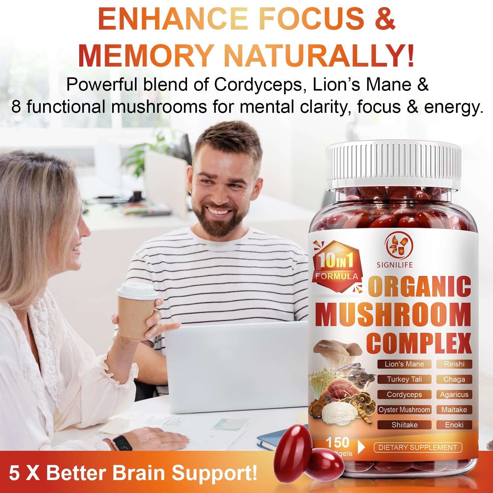 SIGNILIFE 10-in-1 Mushroom Supplement Softgels on a wooden table