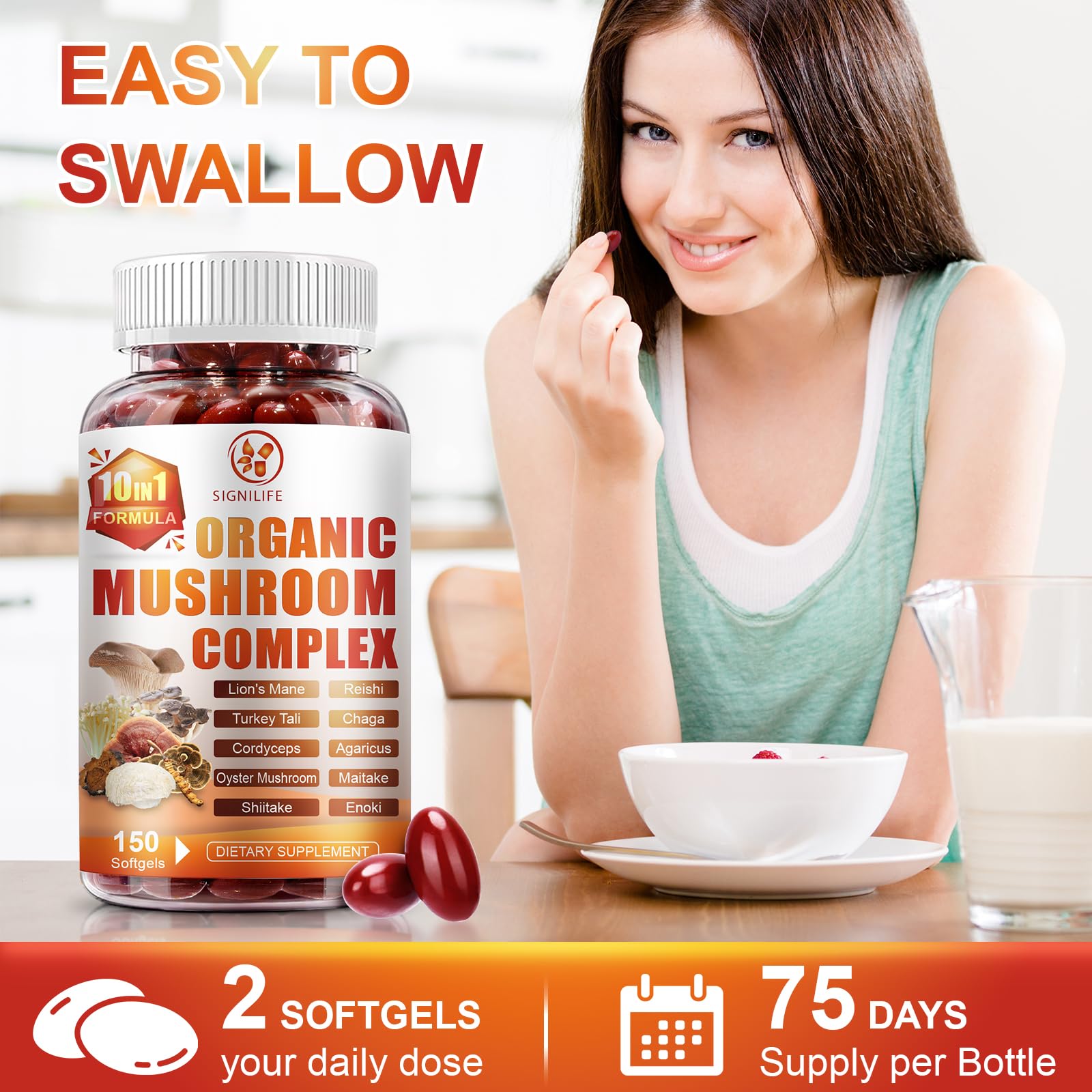 SIGNILIFE 10-in-1 Mushroom Supplement Softgels with measuring spoon
