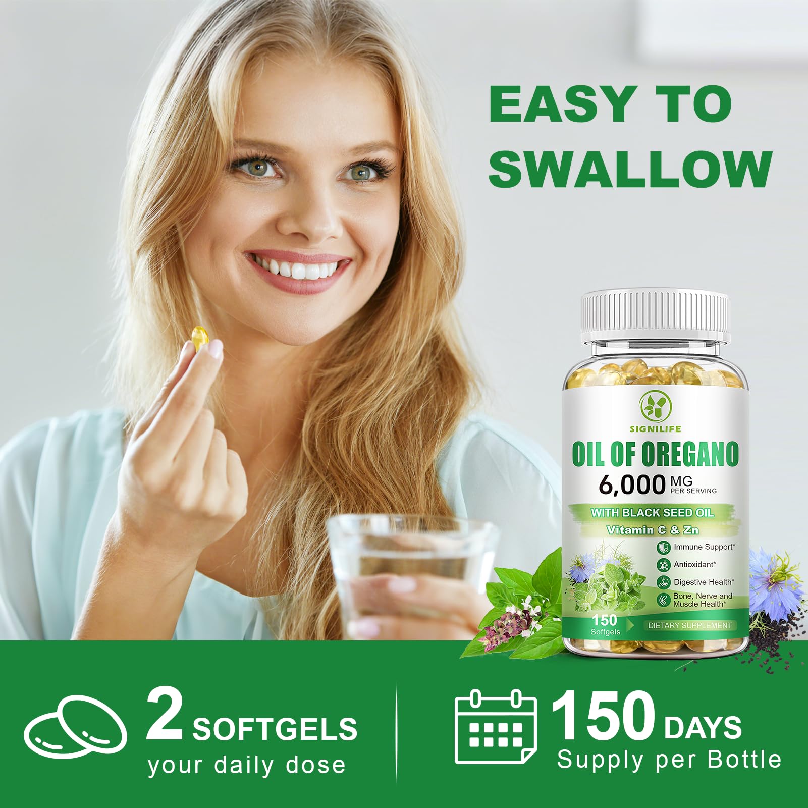 SIGNILIFE Oregano Oil Softgels on a wooden table