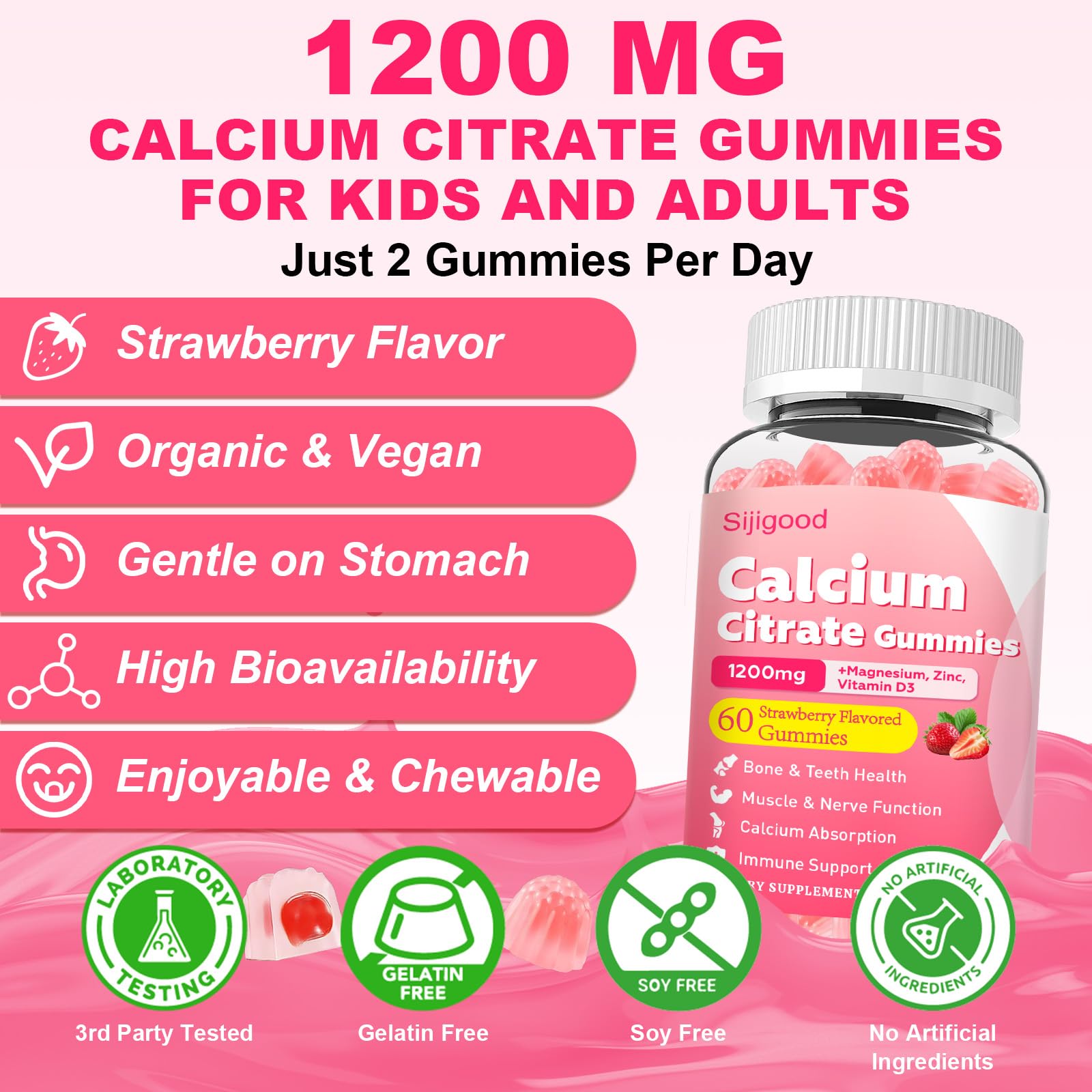 Sijigood Calcium Citrate Gummies showing serving size and nutritional information
