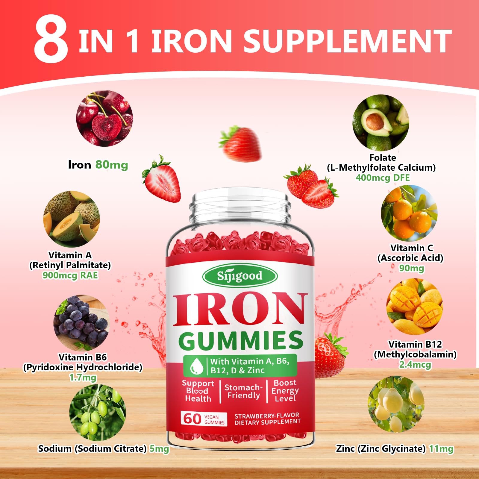 Sijigood Vegan Iron Gummies side view of bottle
