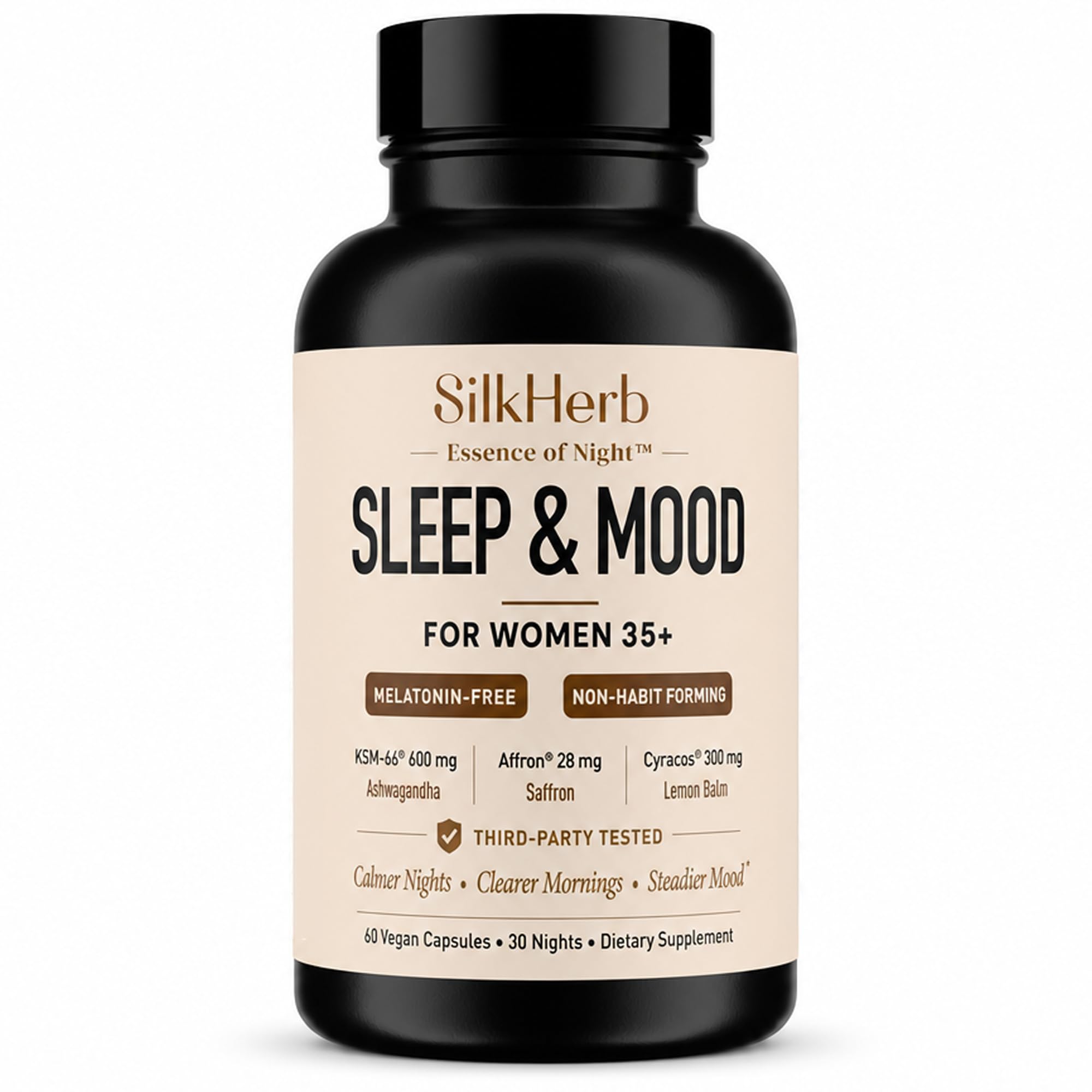 SilkHerb Sleep Aid & Mood Support Supplement front view, 60 capsules