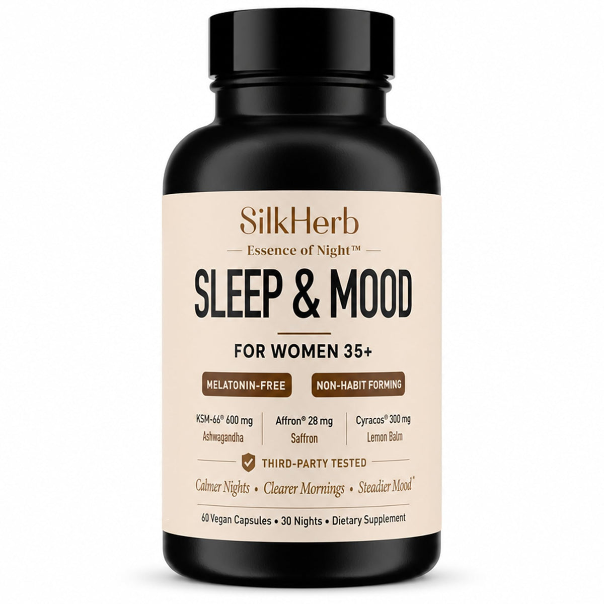 SilkHerb Sleep Aid & Mood Support Supplement front view, 60 capsules