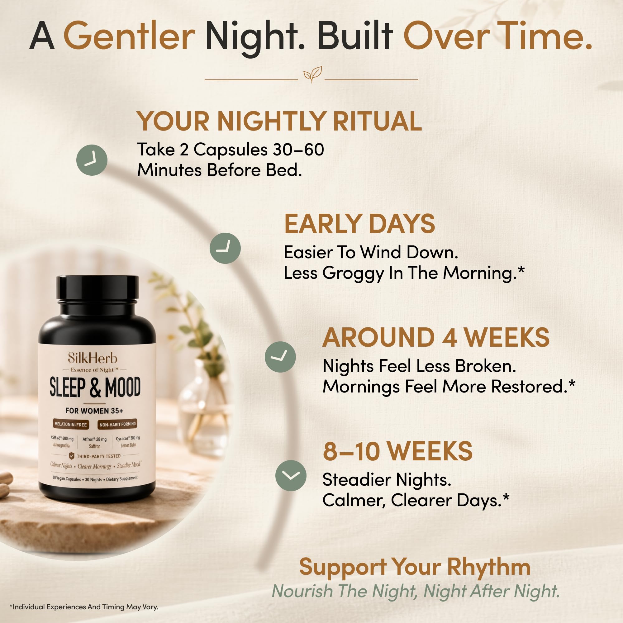 SilkHerb Sleep Aid & Mood Support Supplement with a glass of water