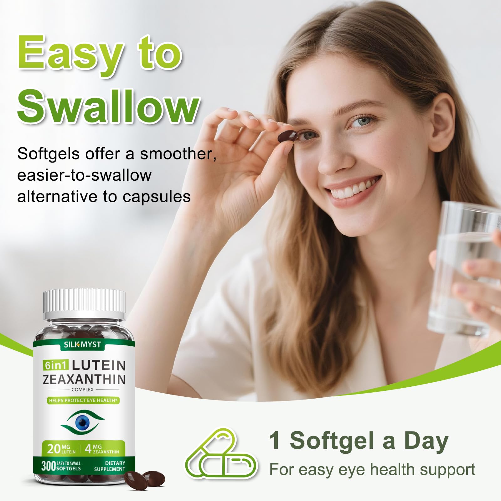 SILKMYST Lutein Softgels on a wooden table