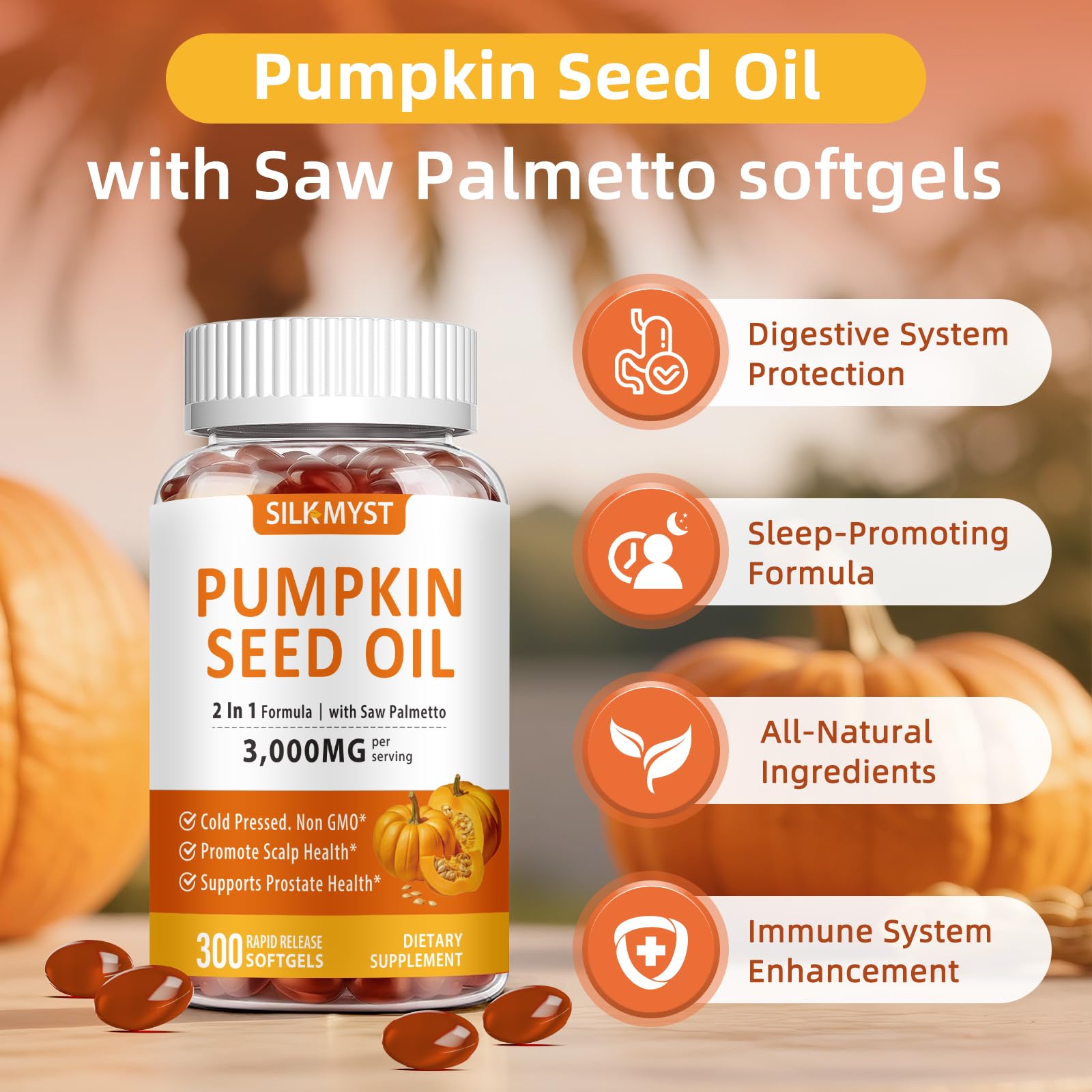 SILKMYST Pumpkin Seed Oil Softgels lifestyle scene with supplements
