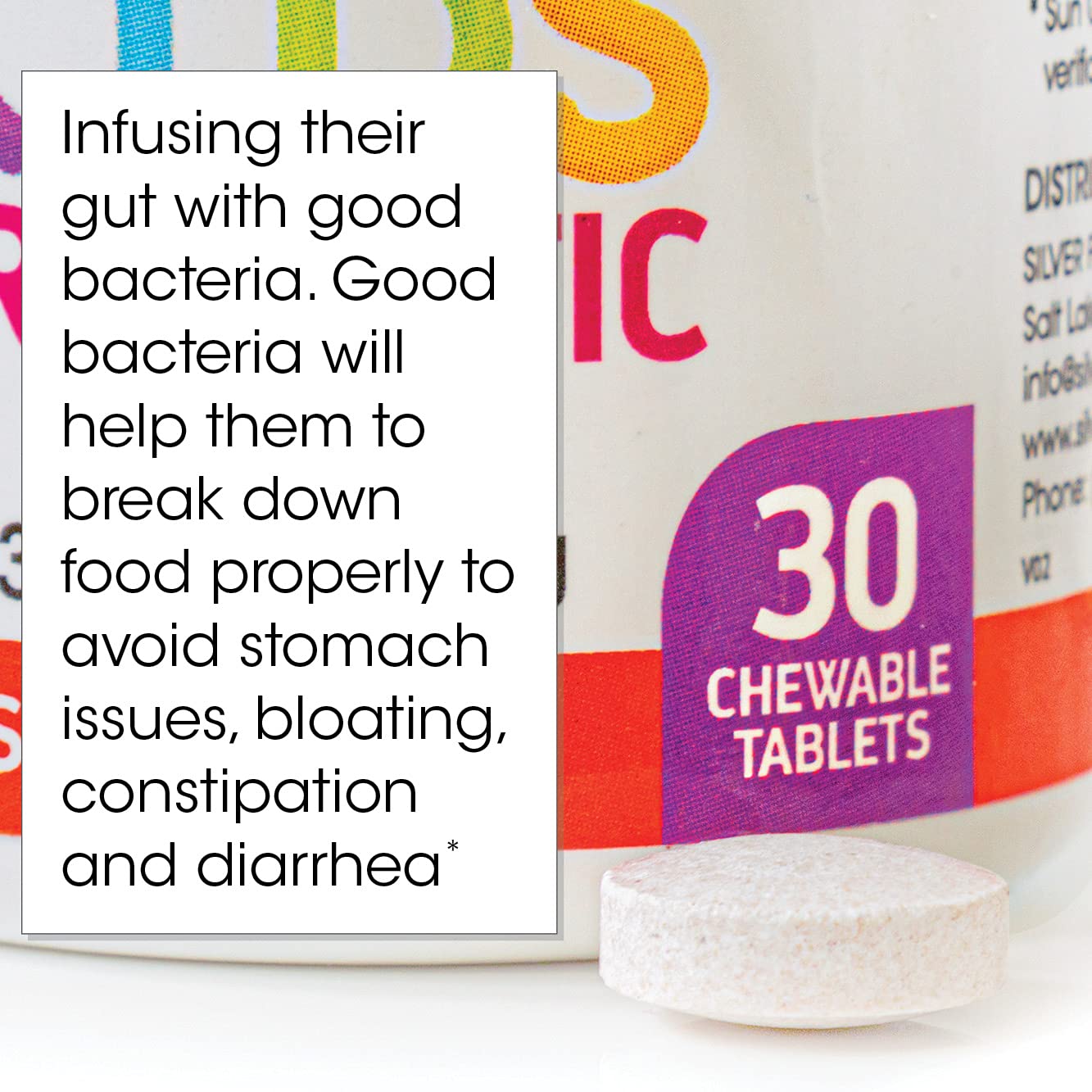 Silver Fern Chewable Probiotic Tablets 30 Count on a kitchen counter