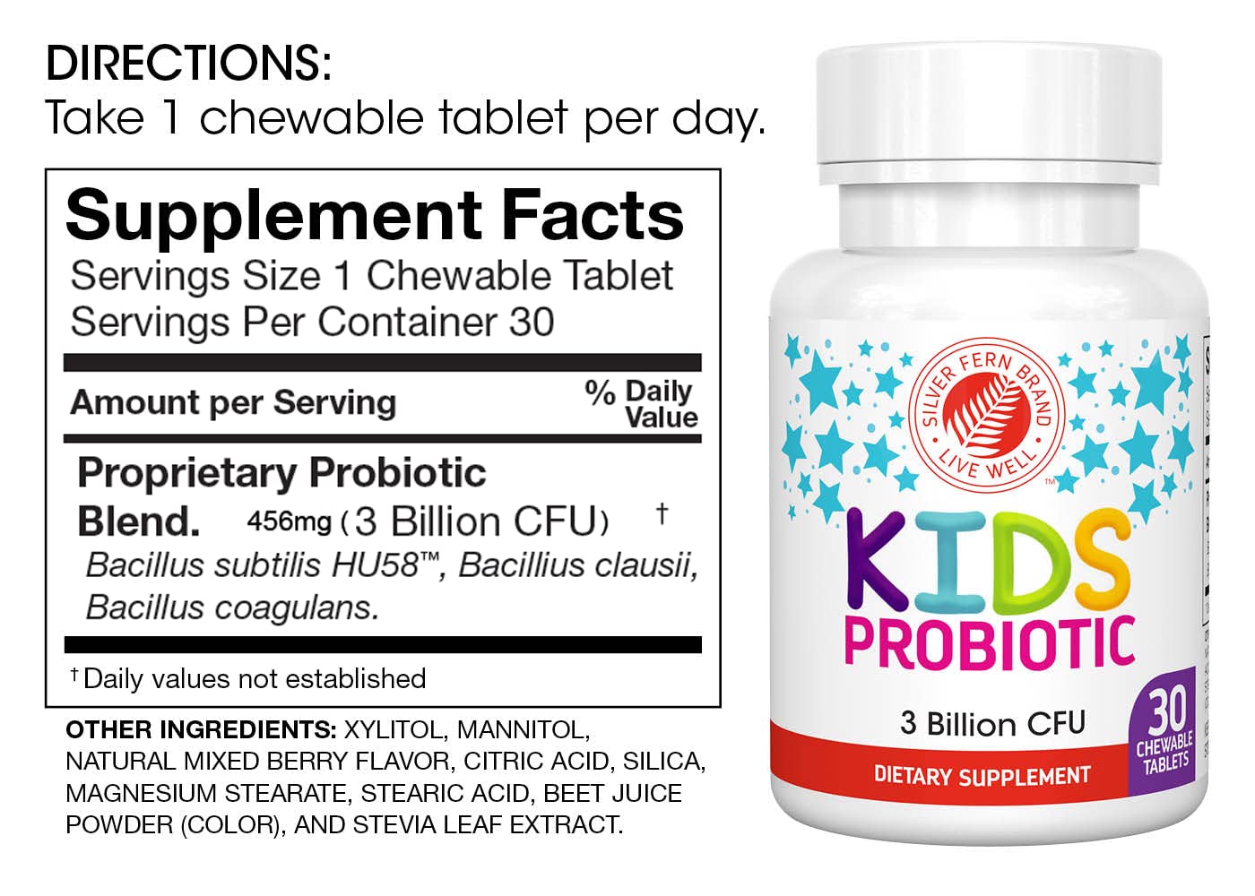 Silver Fern Probiotic Chewable Tablets back view showing nutritional information
