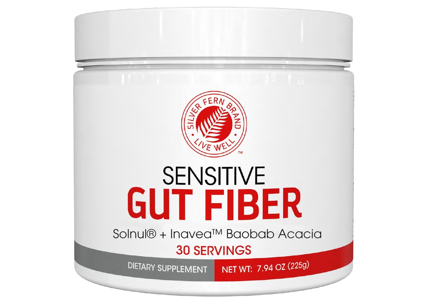 Silver Fern Sensitive Gut Fiber Supplement front view with packaging