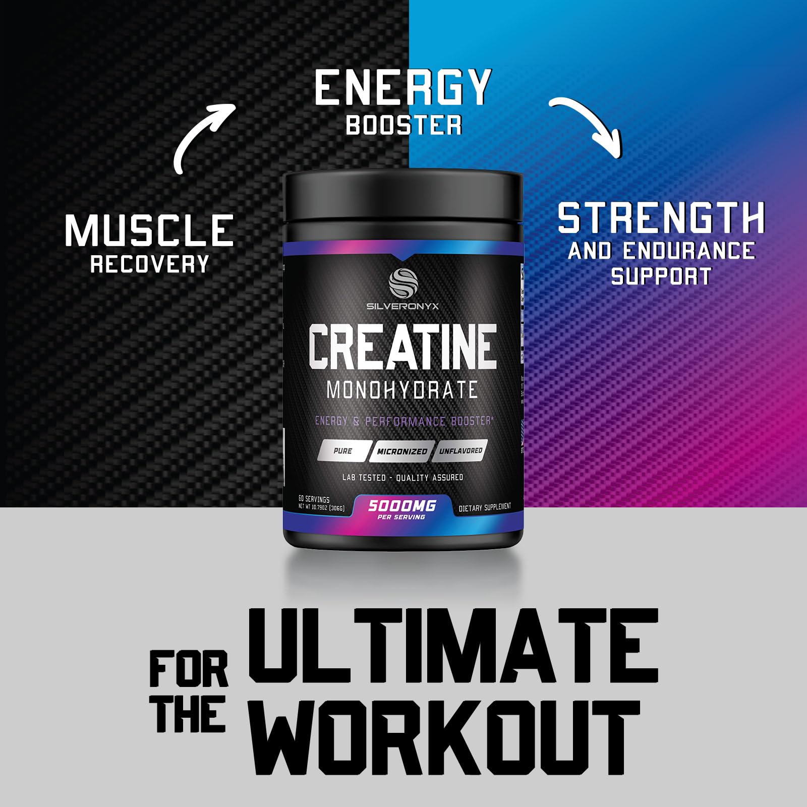 SILVERONYX Creatine Monohydrate 5000mg powder close-up