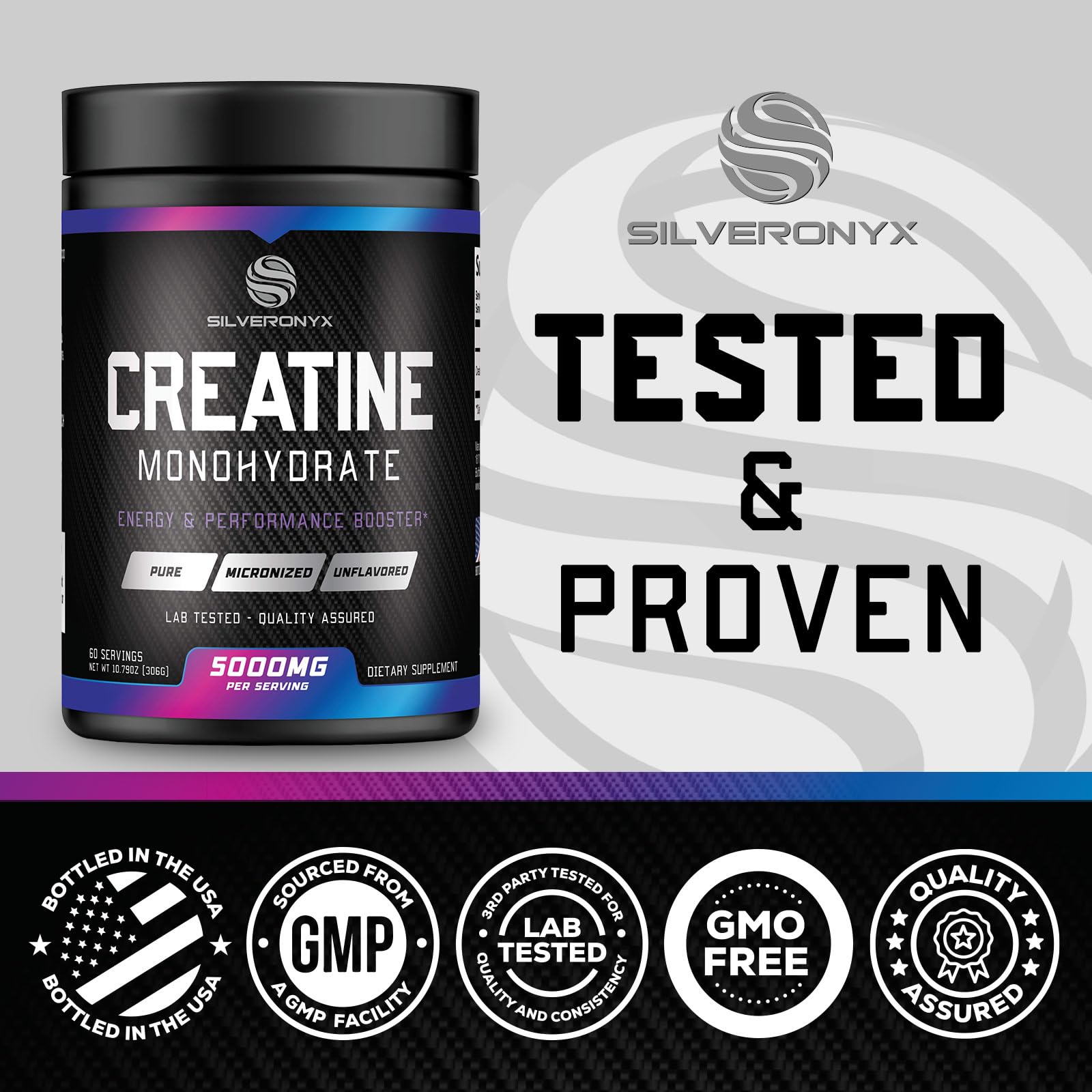 SILVERONYX Creatine Monohydrate 5000mg powder in a glass of water