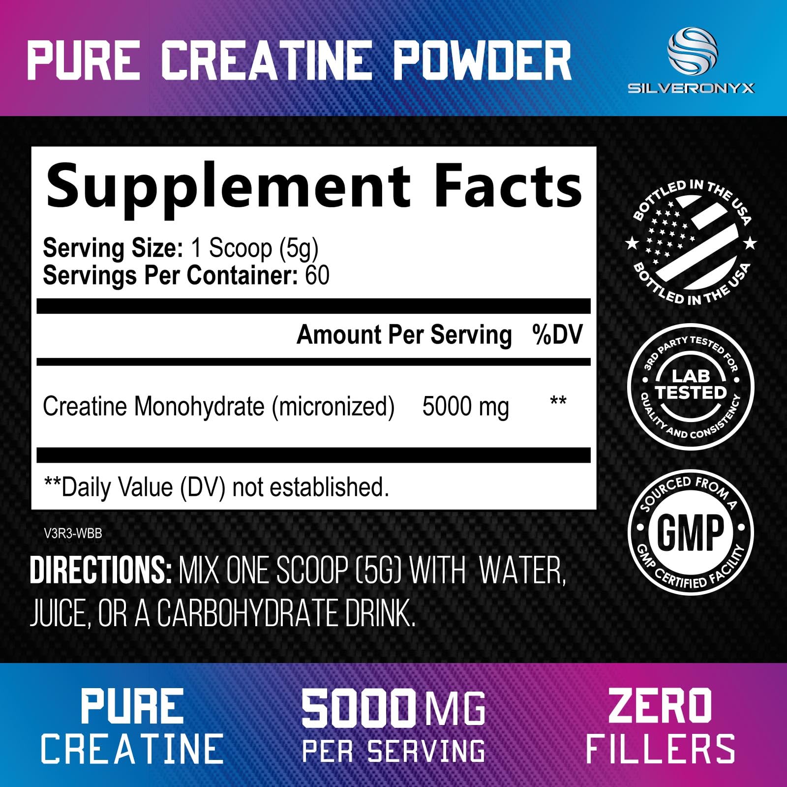 SILVERONYX Creatine Monohydrate 5000mg powder packaging