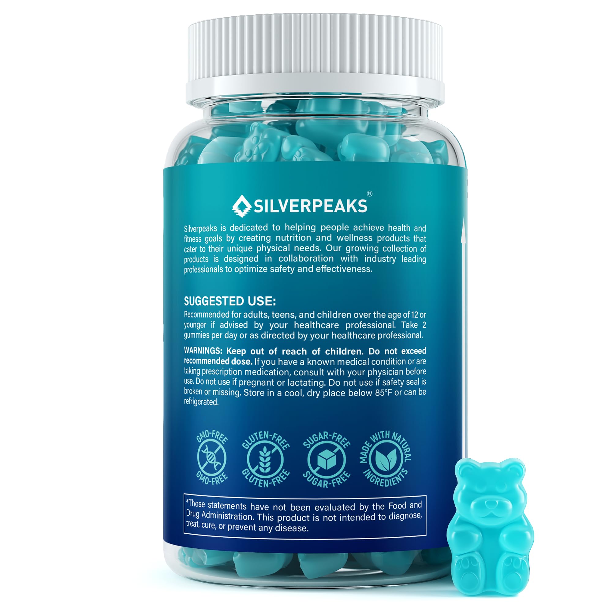 SILVERPEAKS Height Growth Gummies bottle side view with nutritional information