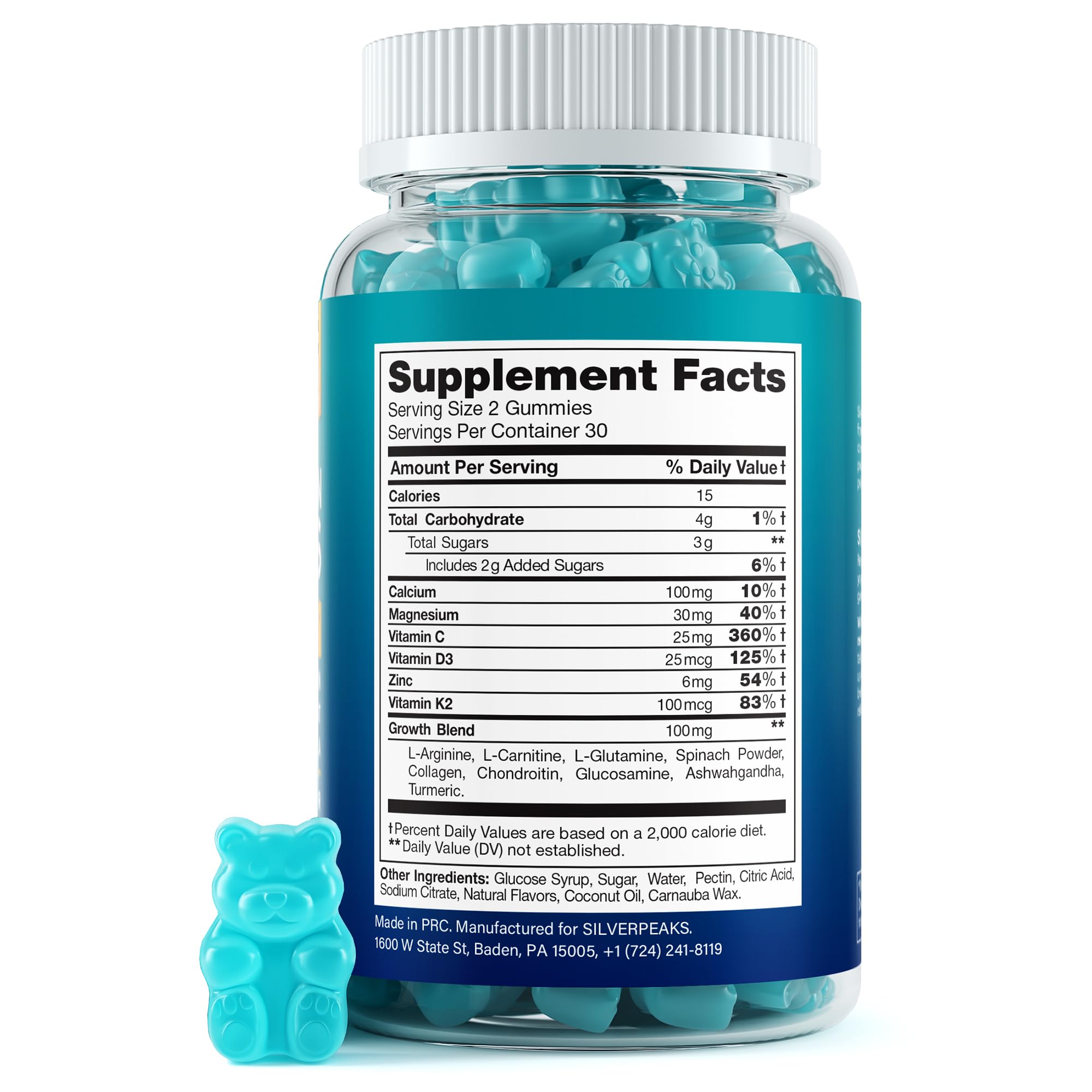 SILVERPEAKS Height Growth Gummies showing two gummies on a table