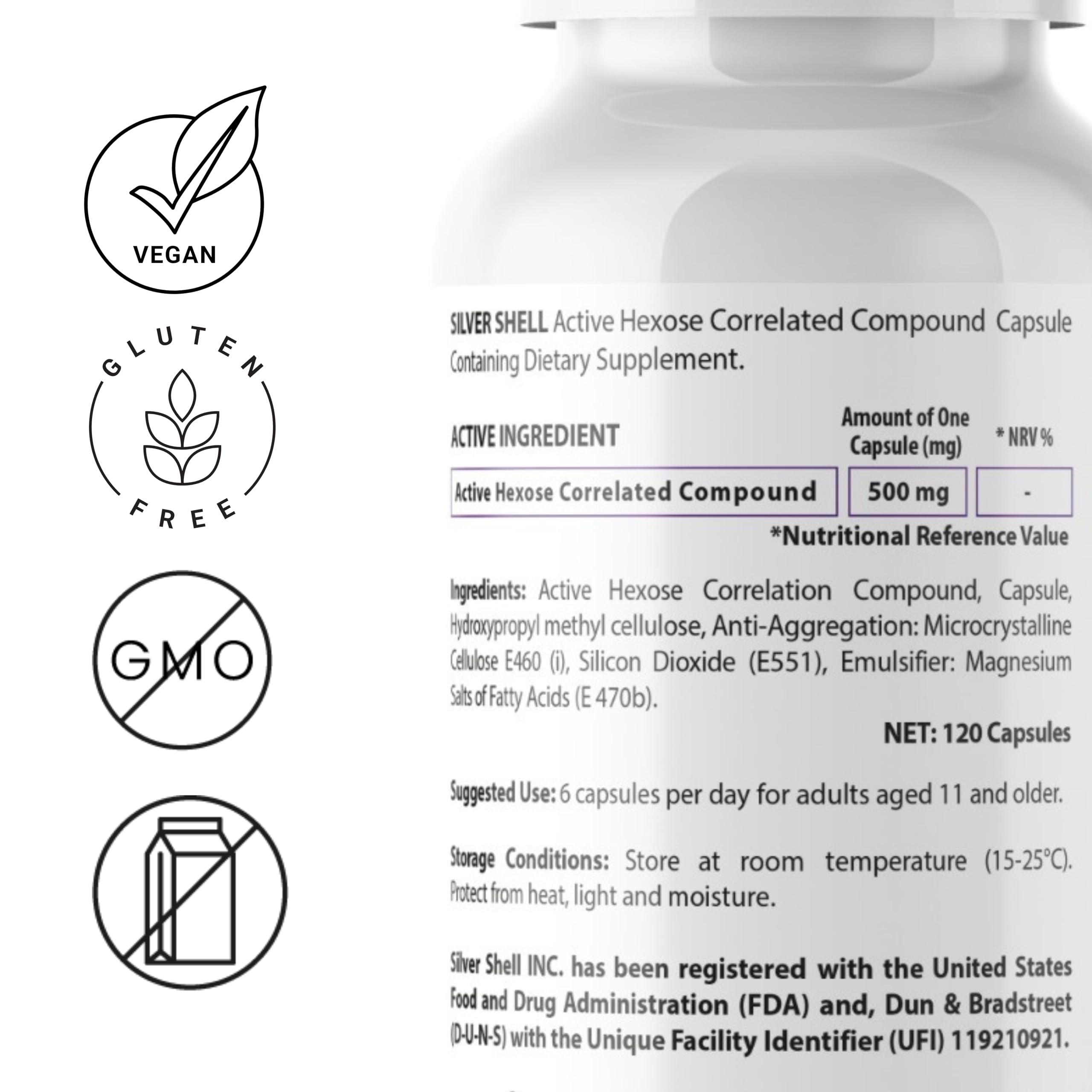 silvershell Shiitake Mushroom Extract back label with ingredients