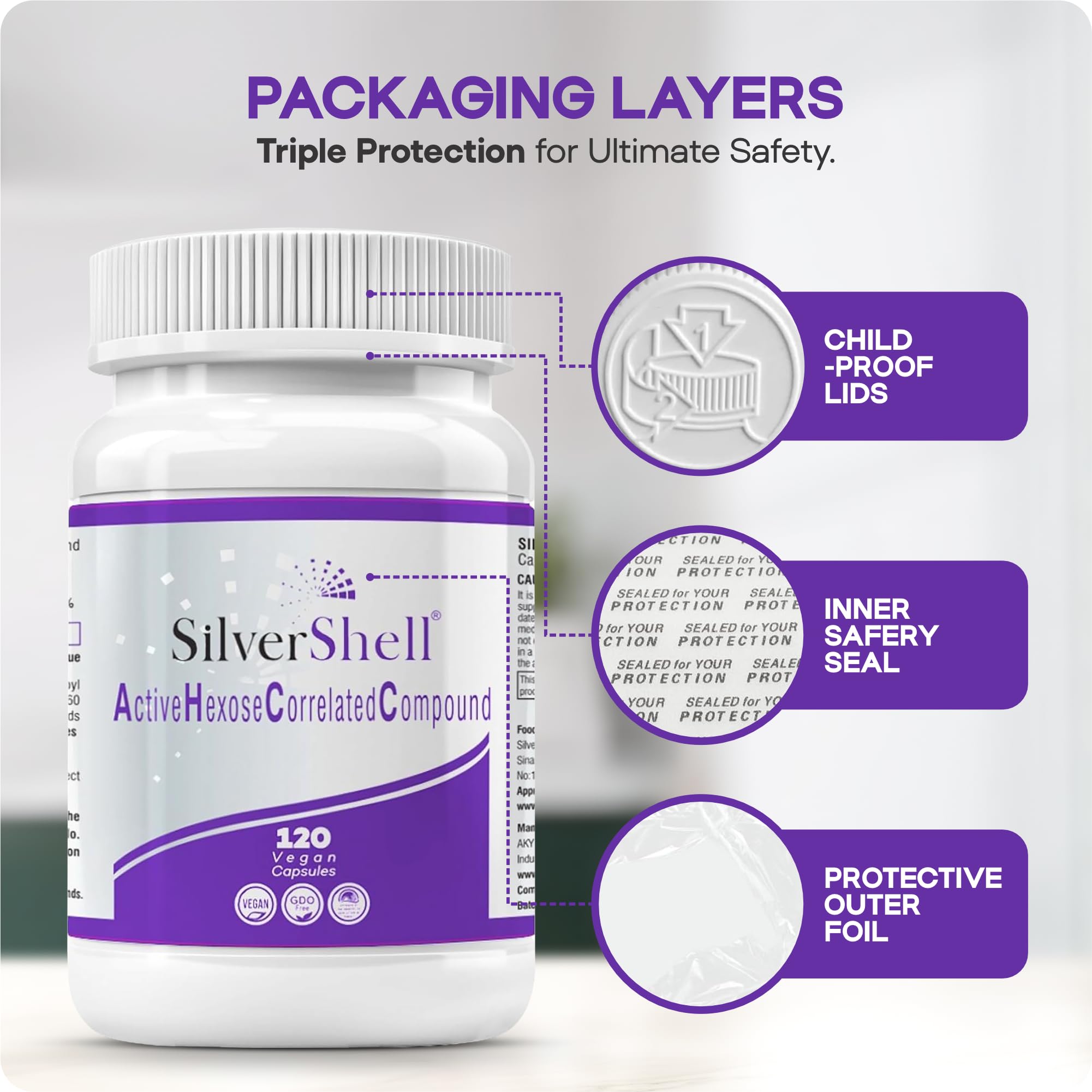 silvershell Shiitake Mushroom Extract capsules on a wooden table