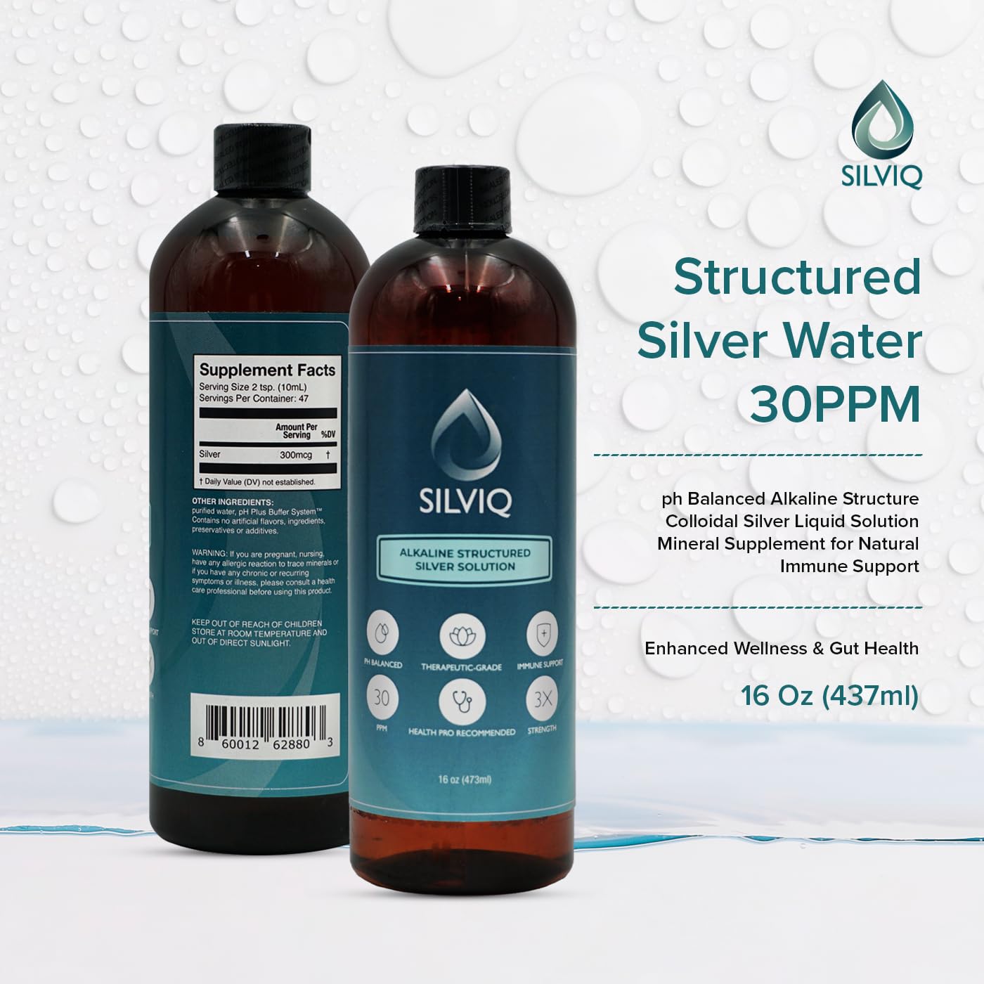 SILVIQ Structured Silver Water 30ppm 499g with a glass of water