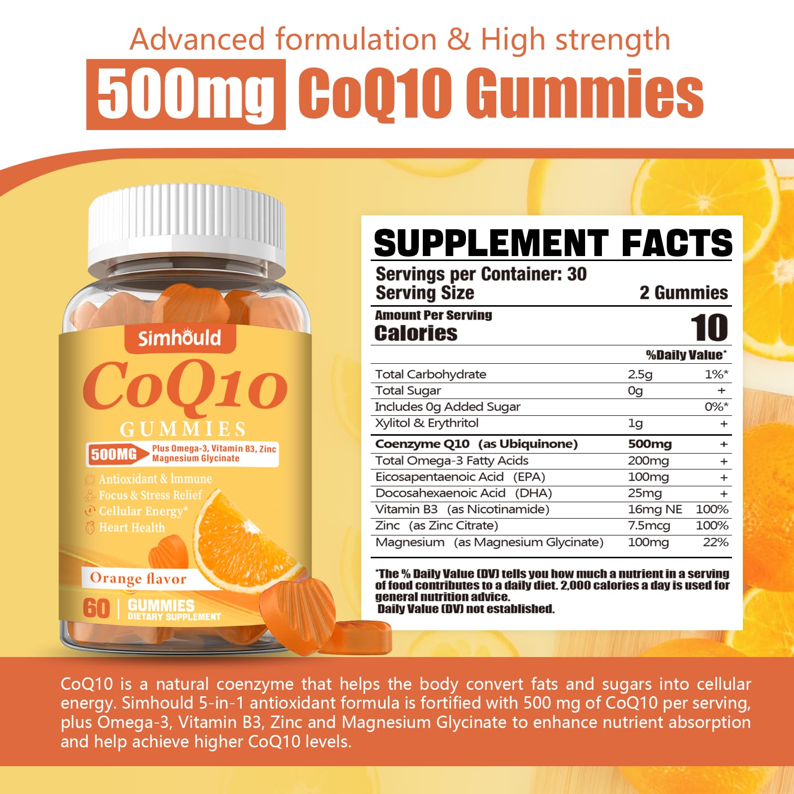 Simhould CoQ10 Gummies 500mg side view showing ingredients