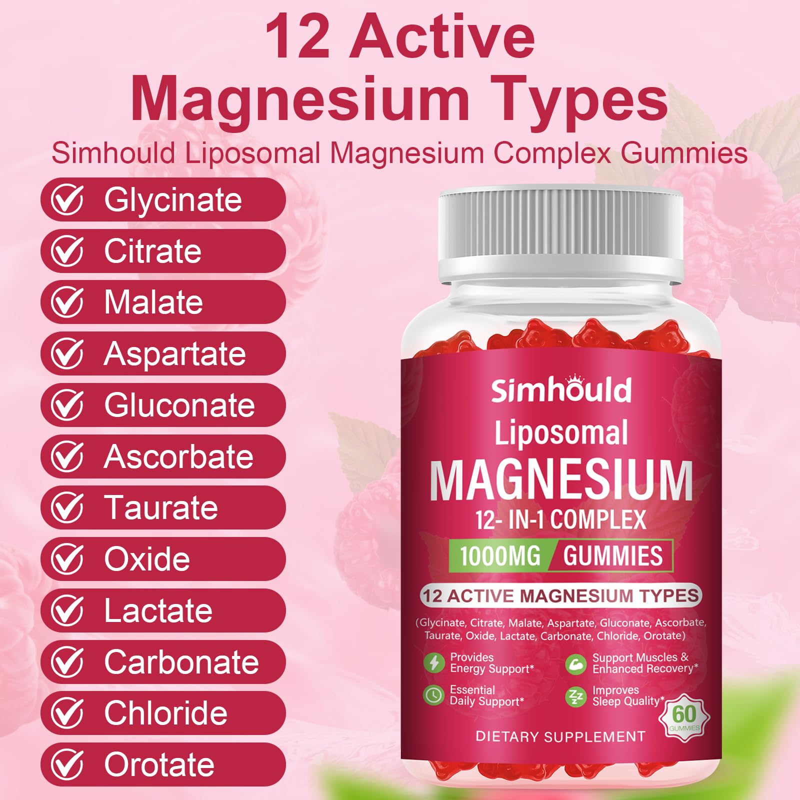 Simhould Liposomal Magnesium Complex Gummies with a close-up of the gummies
