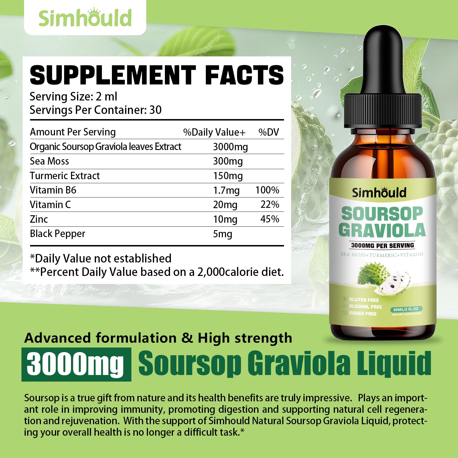 Simhould Soursop Leaves Extract Liquid 3000MG bottle with label