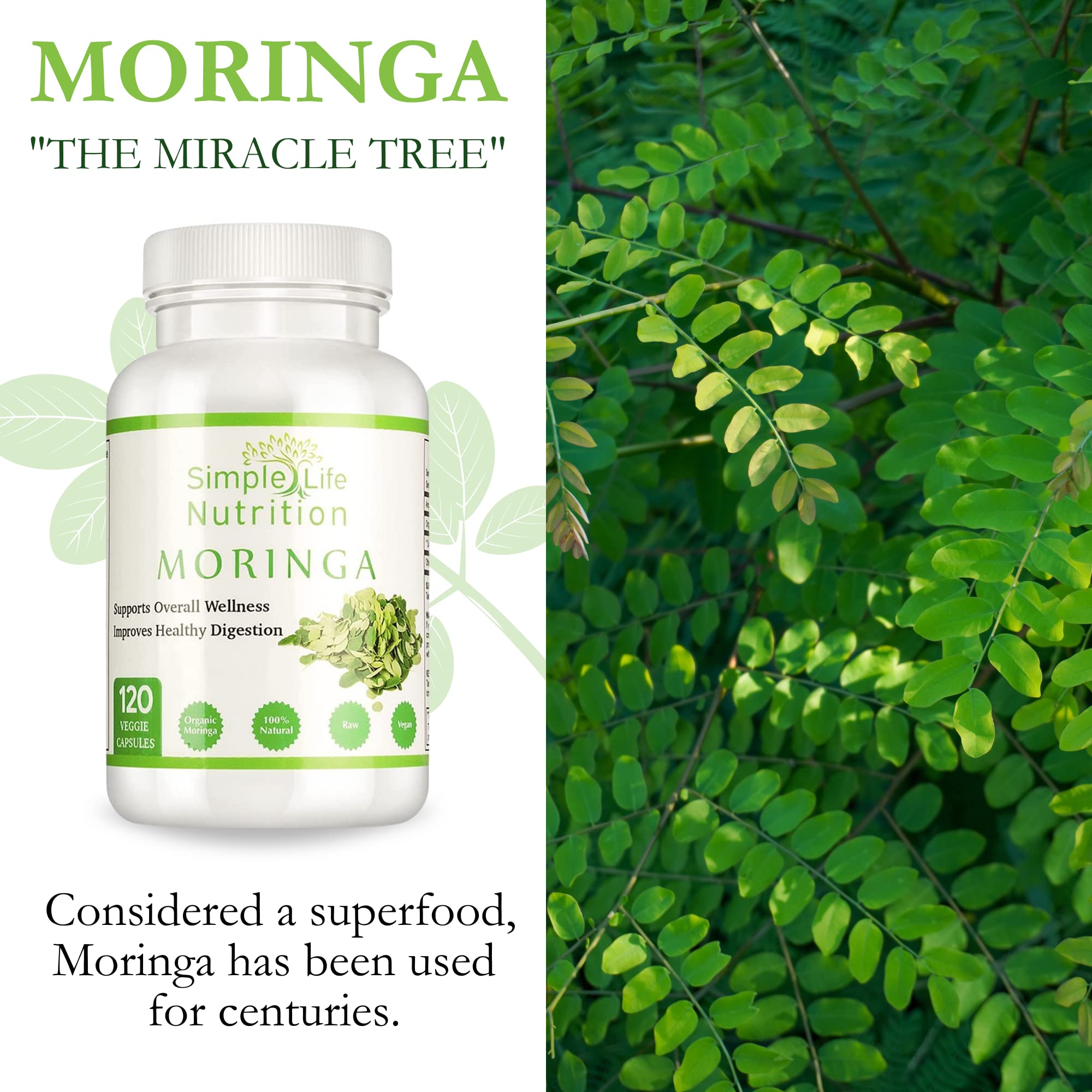 Simple Life Nutrition Organic Moringa Capsules on a wooden table
