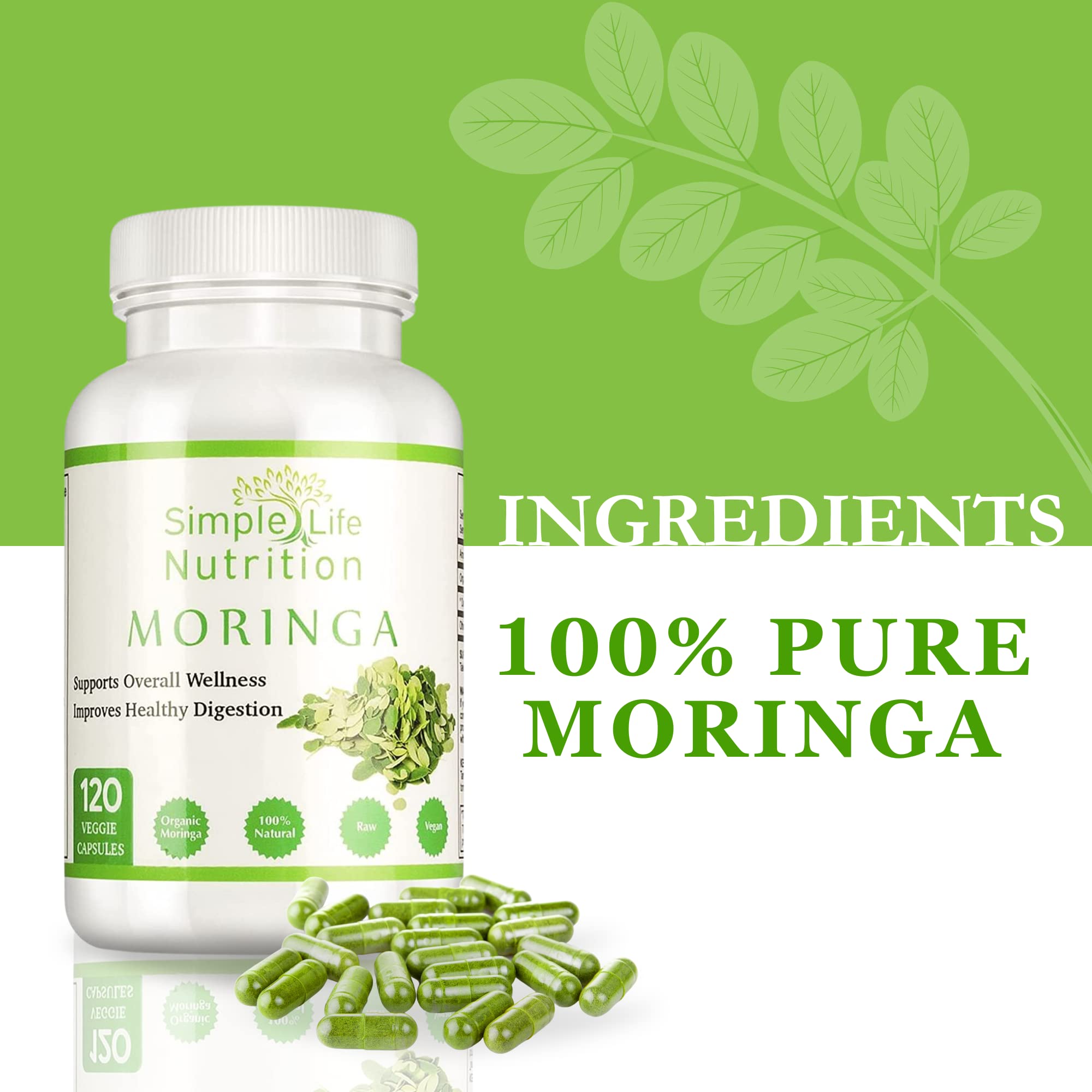 Simple Life Nutrition Organic Moringa Capsules with a measuring spoon