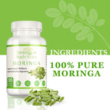 Simple Life Nutrition Organic Moringa Capsules with a measuring spoon
