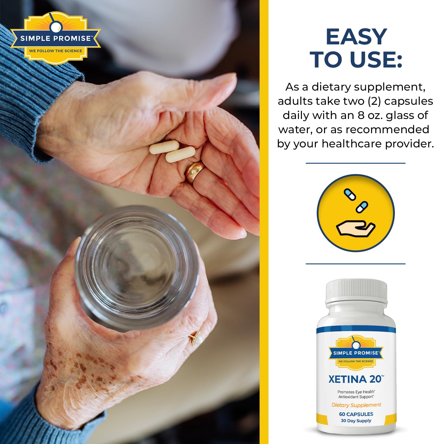 Simple Promise Xetina 20 capsules next to fresh bilberries