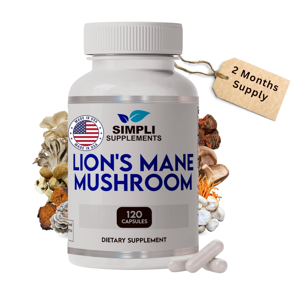 Simpli Supplements Lion's Mane Mushroom Capsules bottle front view