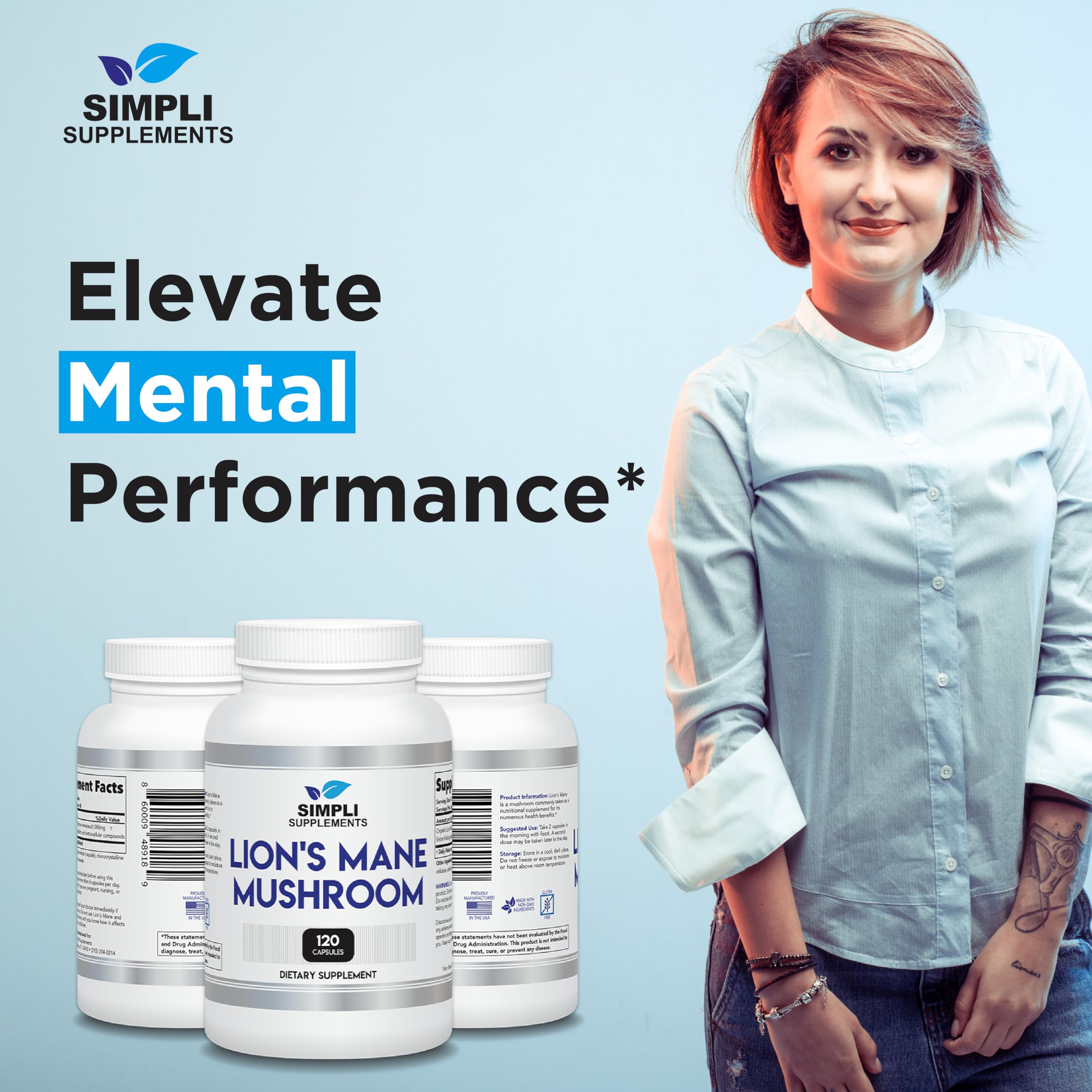 Simpli Supplements Lion's Mane Mushroom Capsules on a wooden table