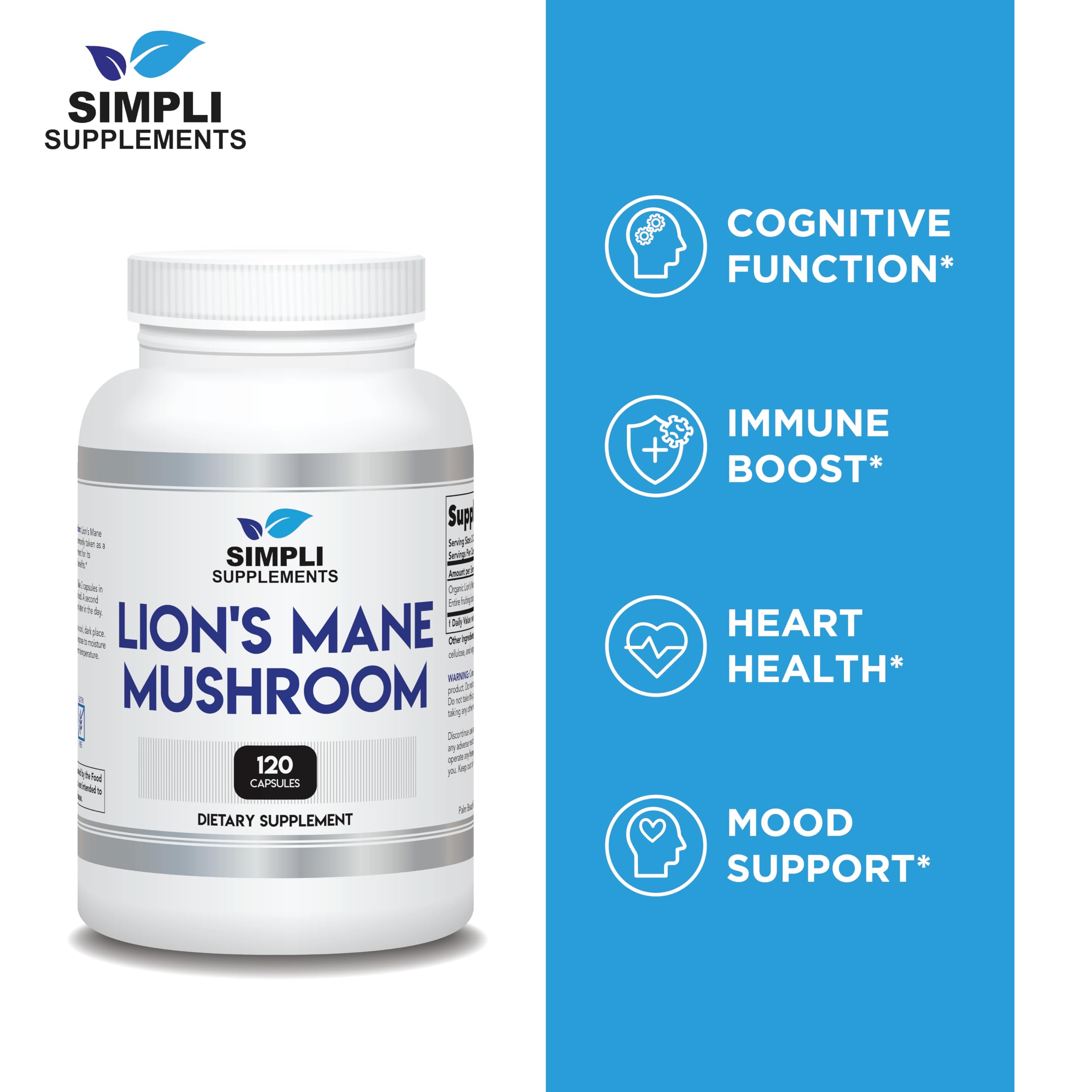 Simpli Supplements Lion's Mane Mushroom Capsules side view