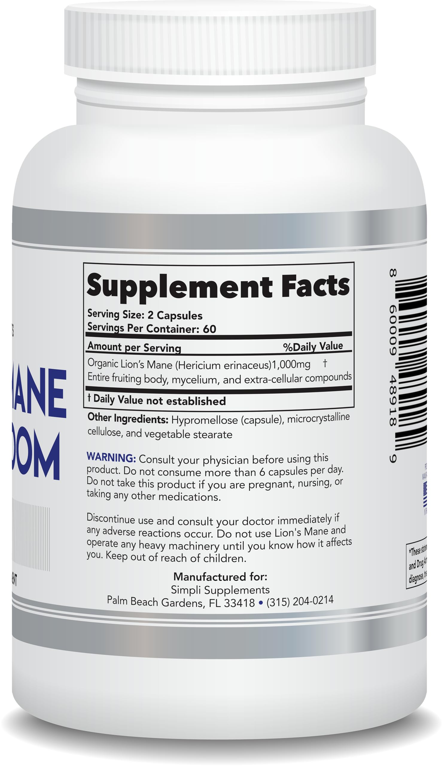 Simpli Supplements Lion's Mane Mushroom Capsules with other herbal supplements