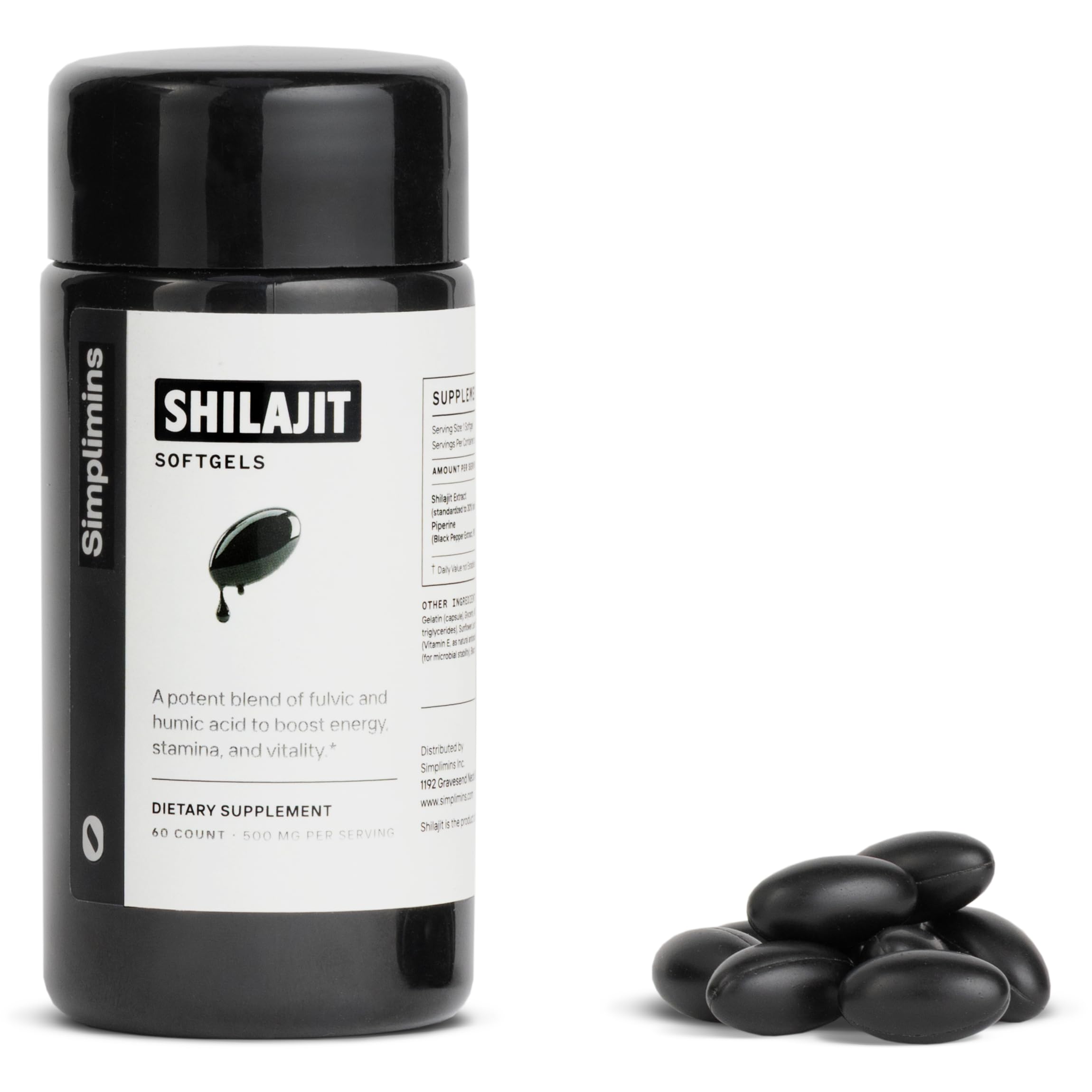Simplimins Shilajit Softgels 500mg back view with ingredients
