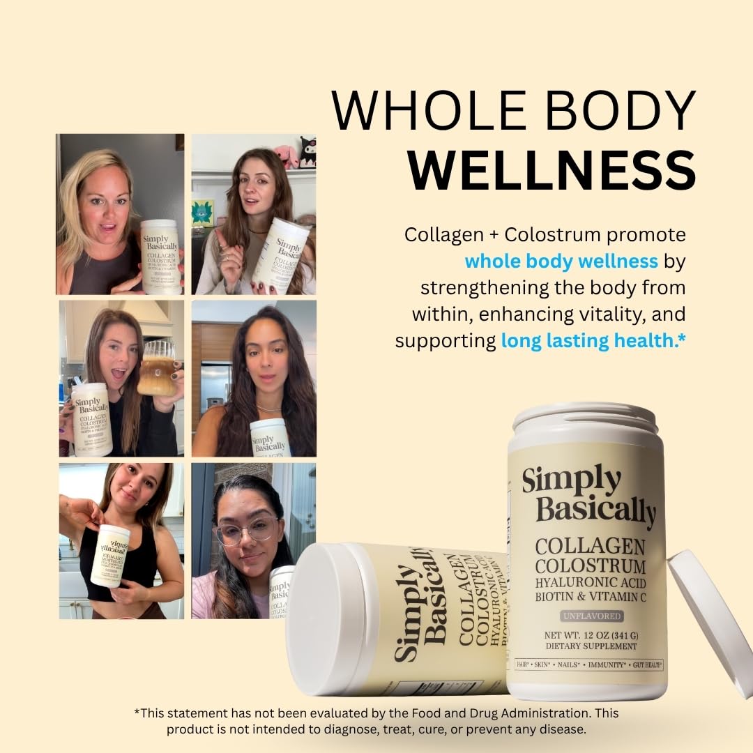 Simply Basically Collagen Peptides & Colostrum Powder on a kitchen counter