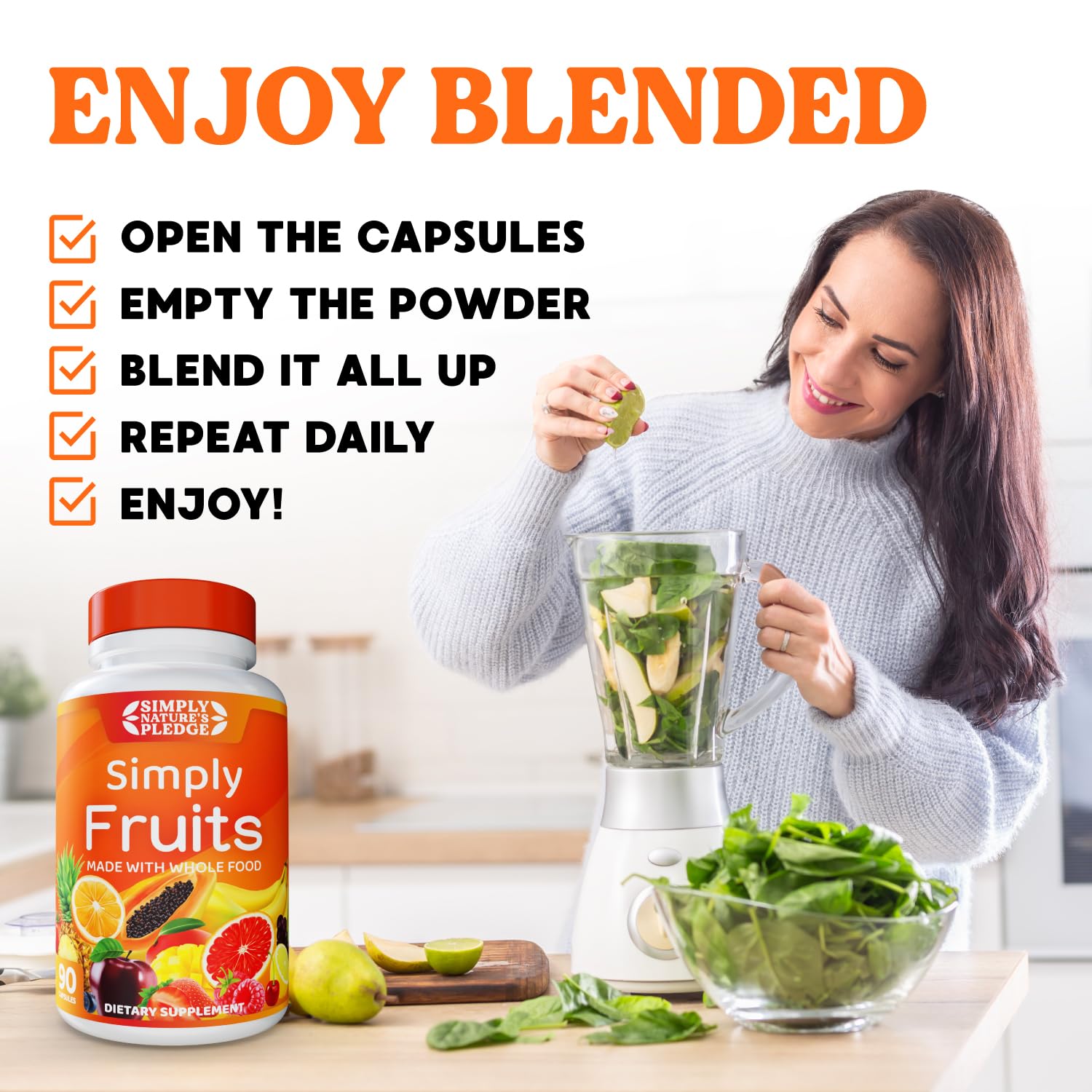 Simply Nature's Pledge Bilberry Supplement displayed with fruits and vegetables