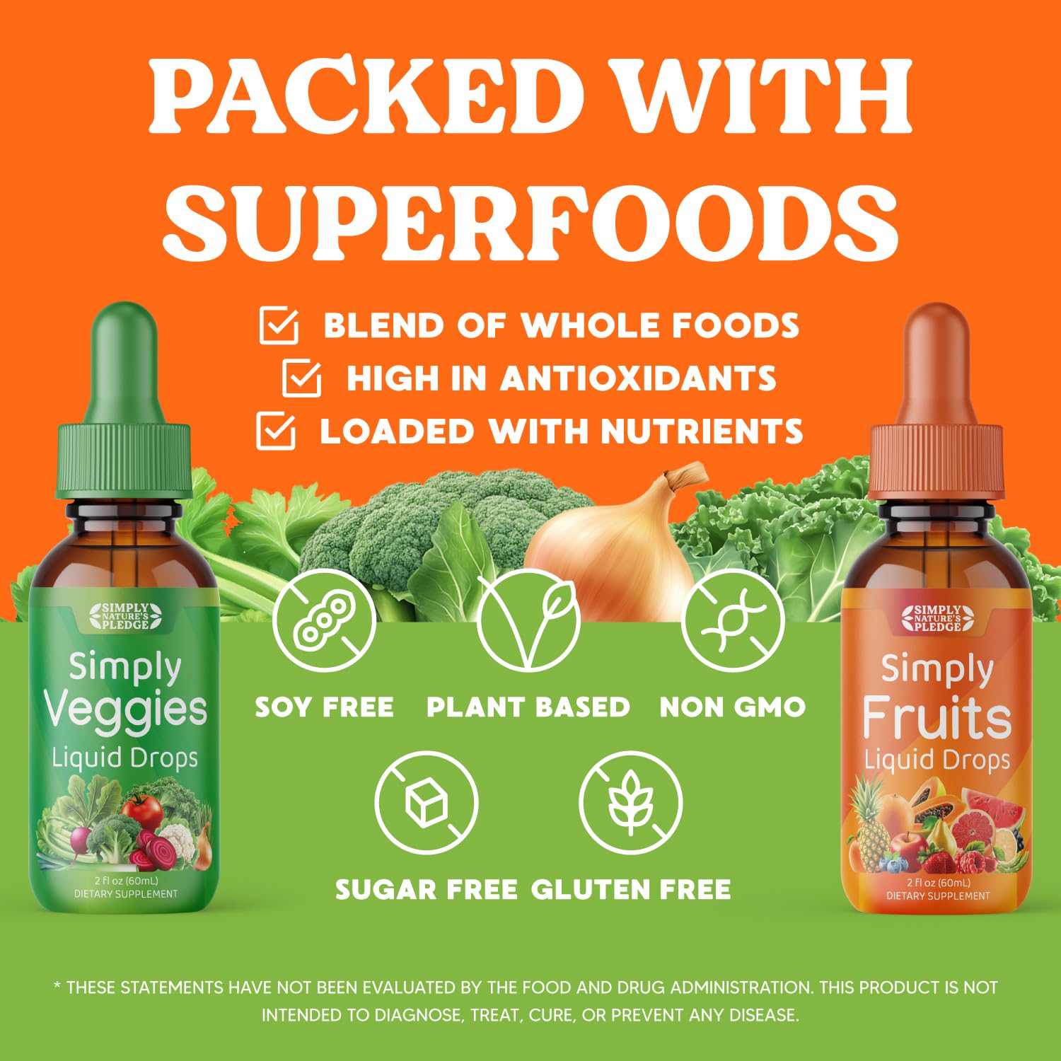 Simply Nature's Pledge Fruits & Veggies supplement in a lifestyle setting with fresh vegetables