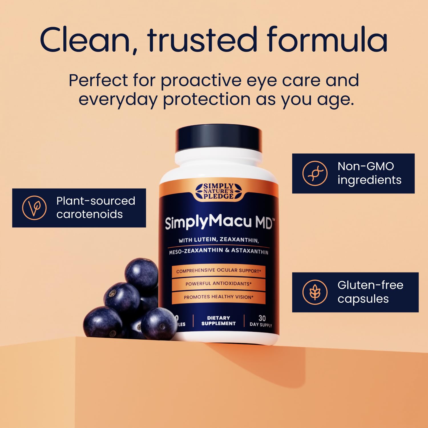 Simply Nature's Pledge Macu MD capsules laid out on a surface