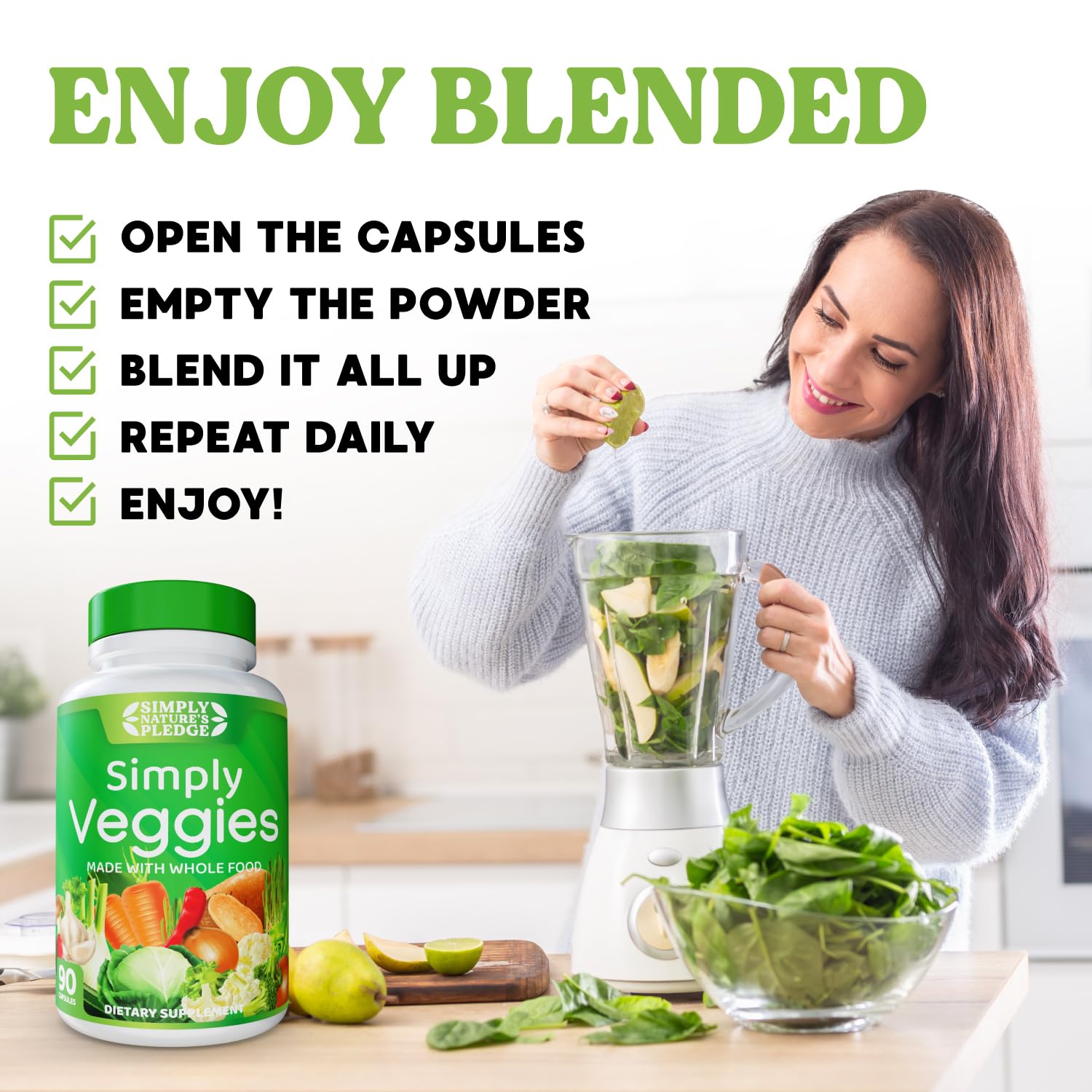 Simply Nature's Pledge Whole Food Superfood Supplement bottle with fruits and vegetables