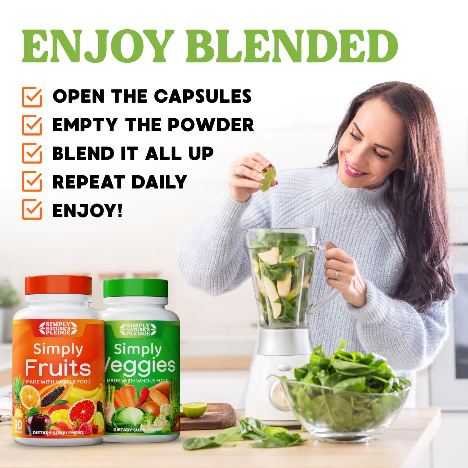 Simply Nature's Pledge Whole Food Superfood Supplement bottle with fruits and vegetables background