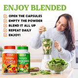 Simply Nature's Pledge Whole Food Superfood Supplement bottle with fruits and vegetables background