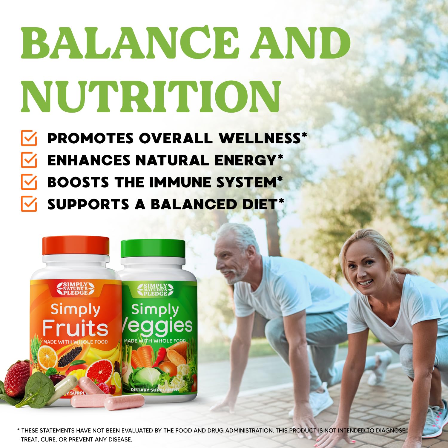 Simply Nature's Pledge Whole Food Superfood Supplement packaging with natural produce